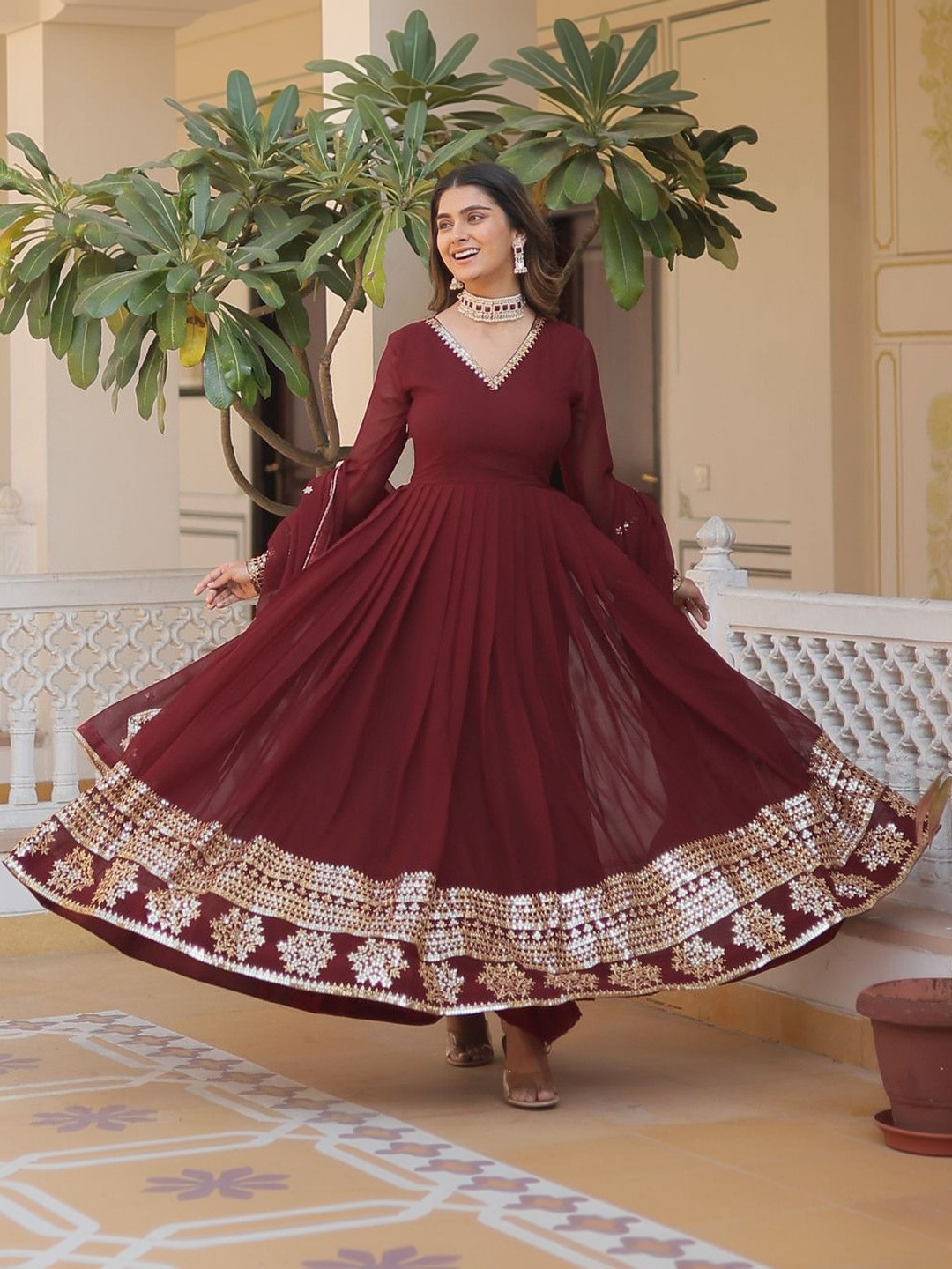 HERE&NOW Ethnic Motifs Embroidered V-Neck Kurta with Trousers & Dupatta
