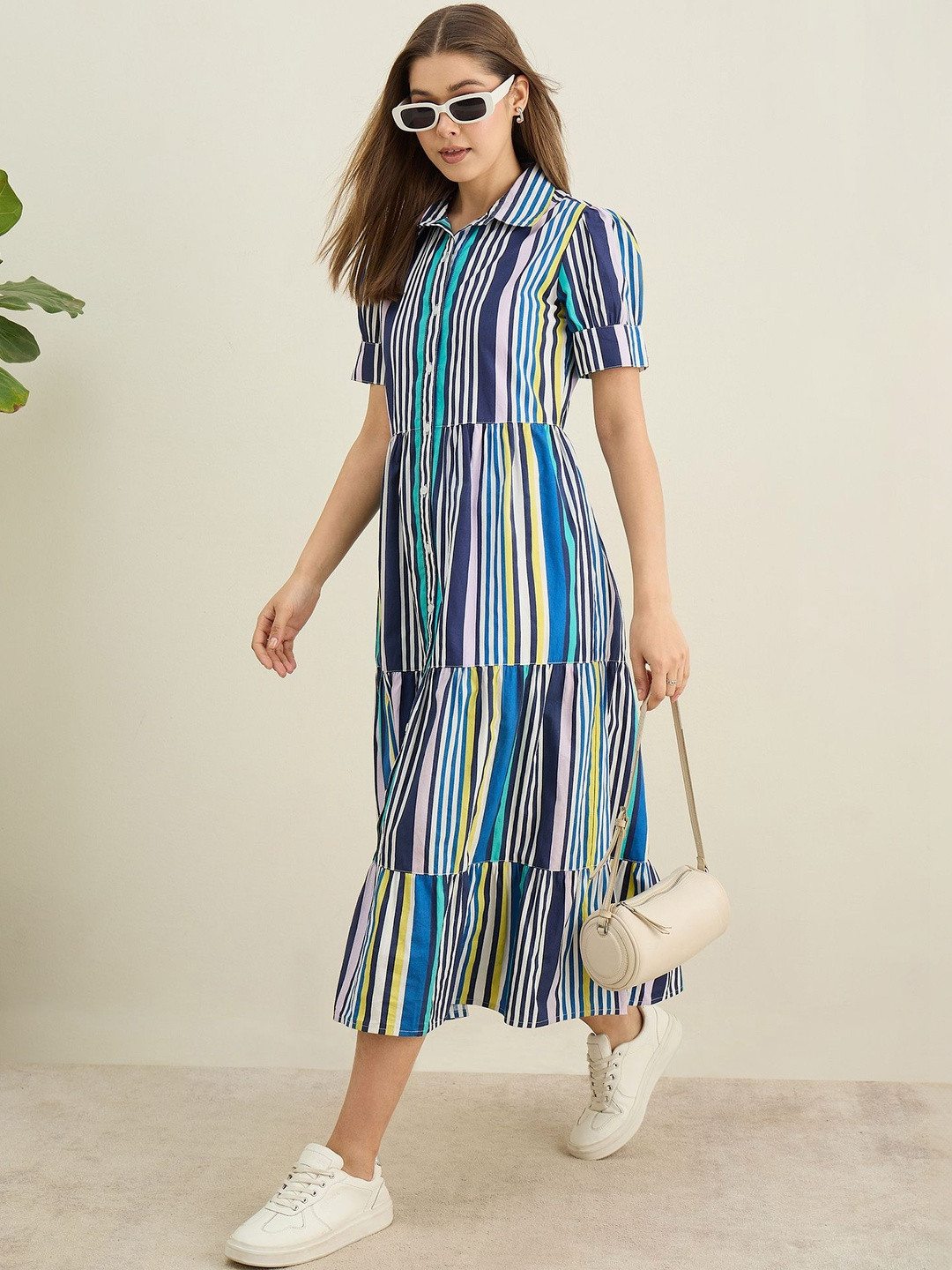 Chemistry Striped Puff Sleeve Shirt Midi Dress