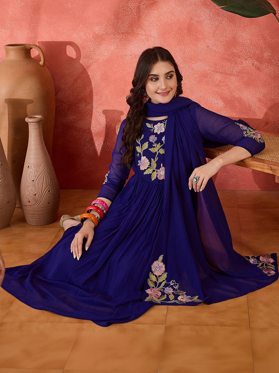 Anouk Women Floral Embroidered Tiered Thread Work Kurta with Trousers & With Dupatta