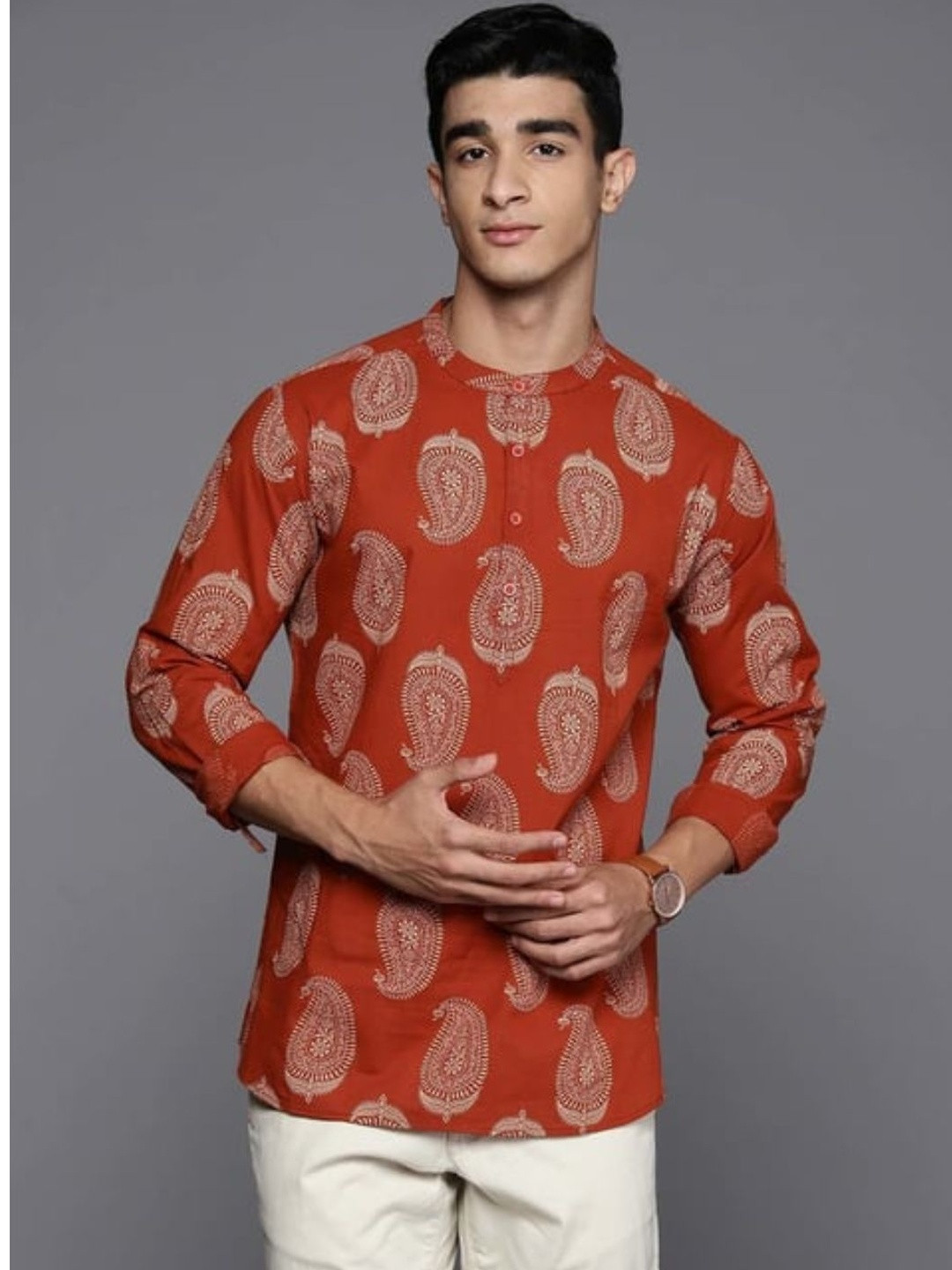 Deelmo Men Floral Printed Thread Work Kurta