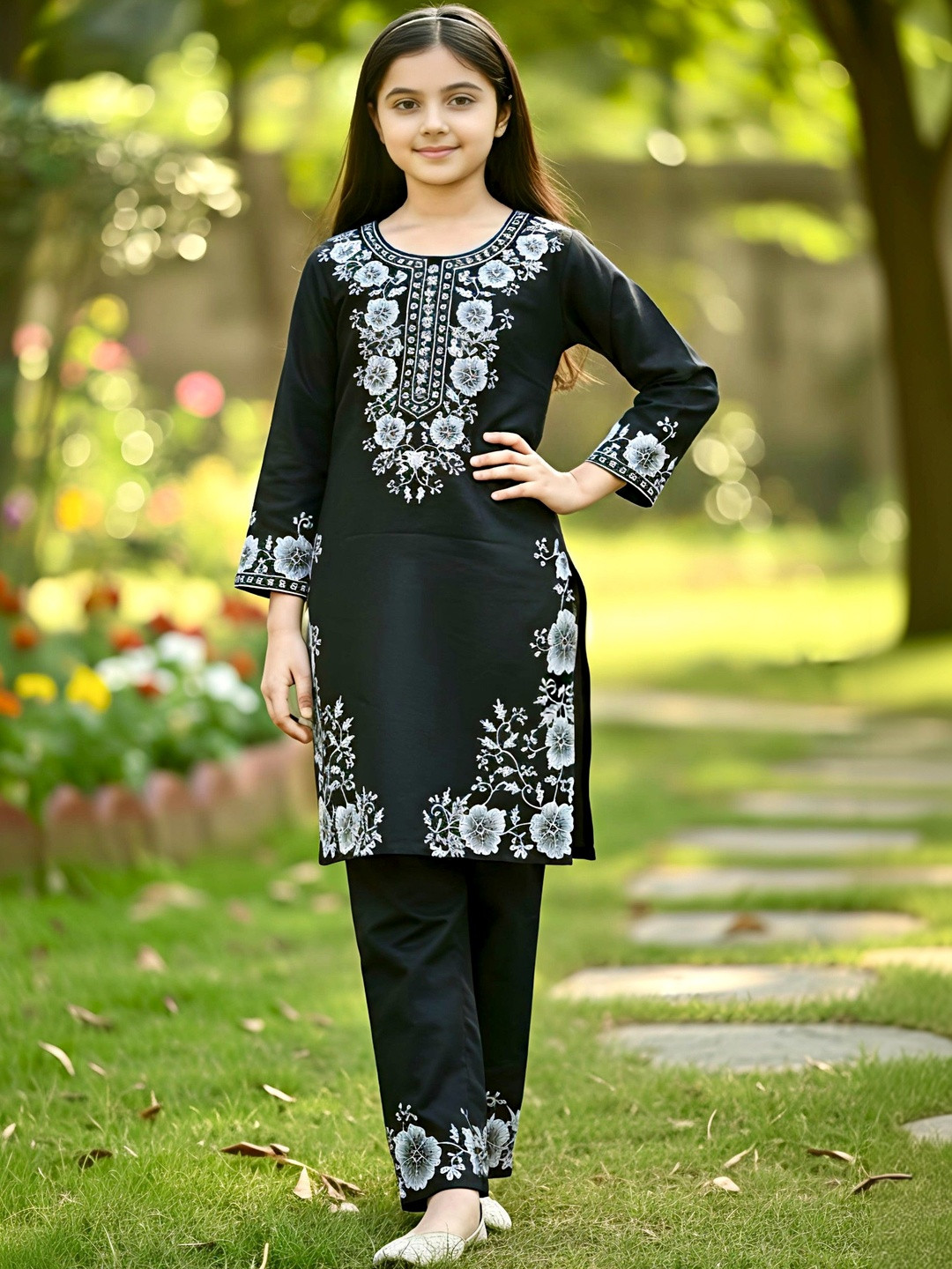 KALINI Girls Floral Embroidered Regular Thread Work Kurta with Trousers