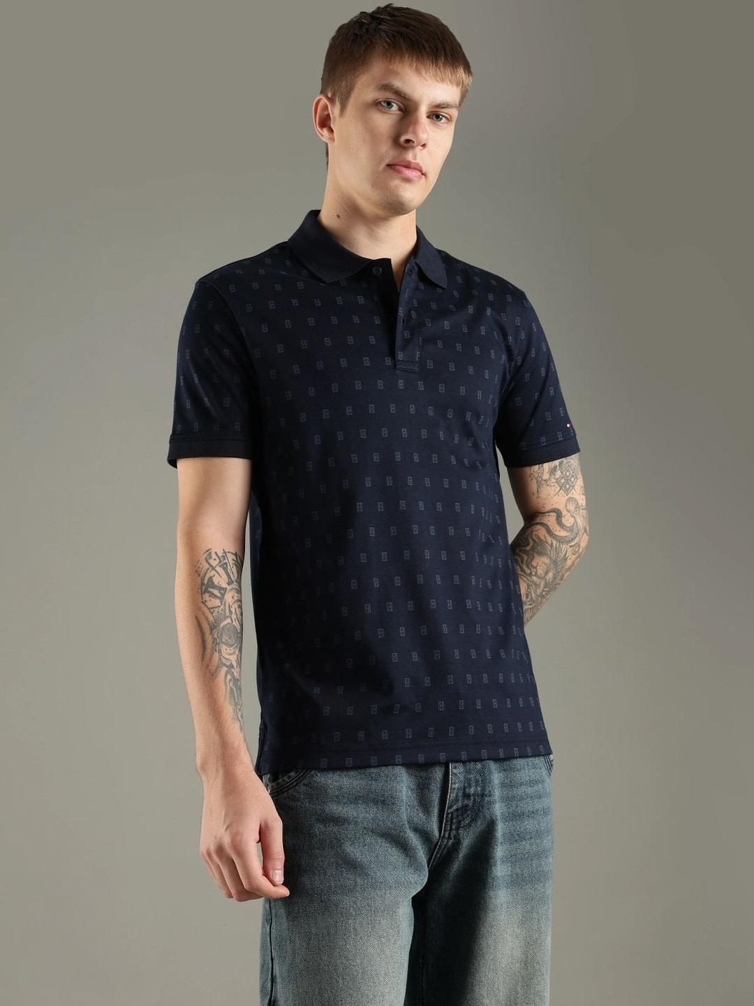 Tommy Hilfiger Men Geometric Regular Fit Cotton Polo T-shirts