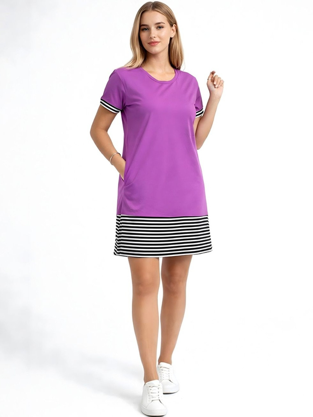 HM HUBB Striped Round Neck Cotton Longline T-shirt