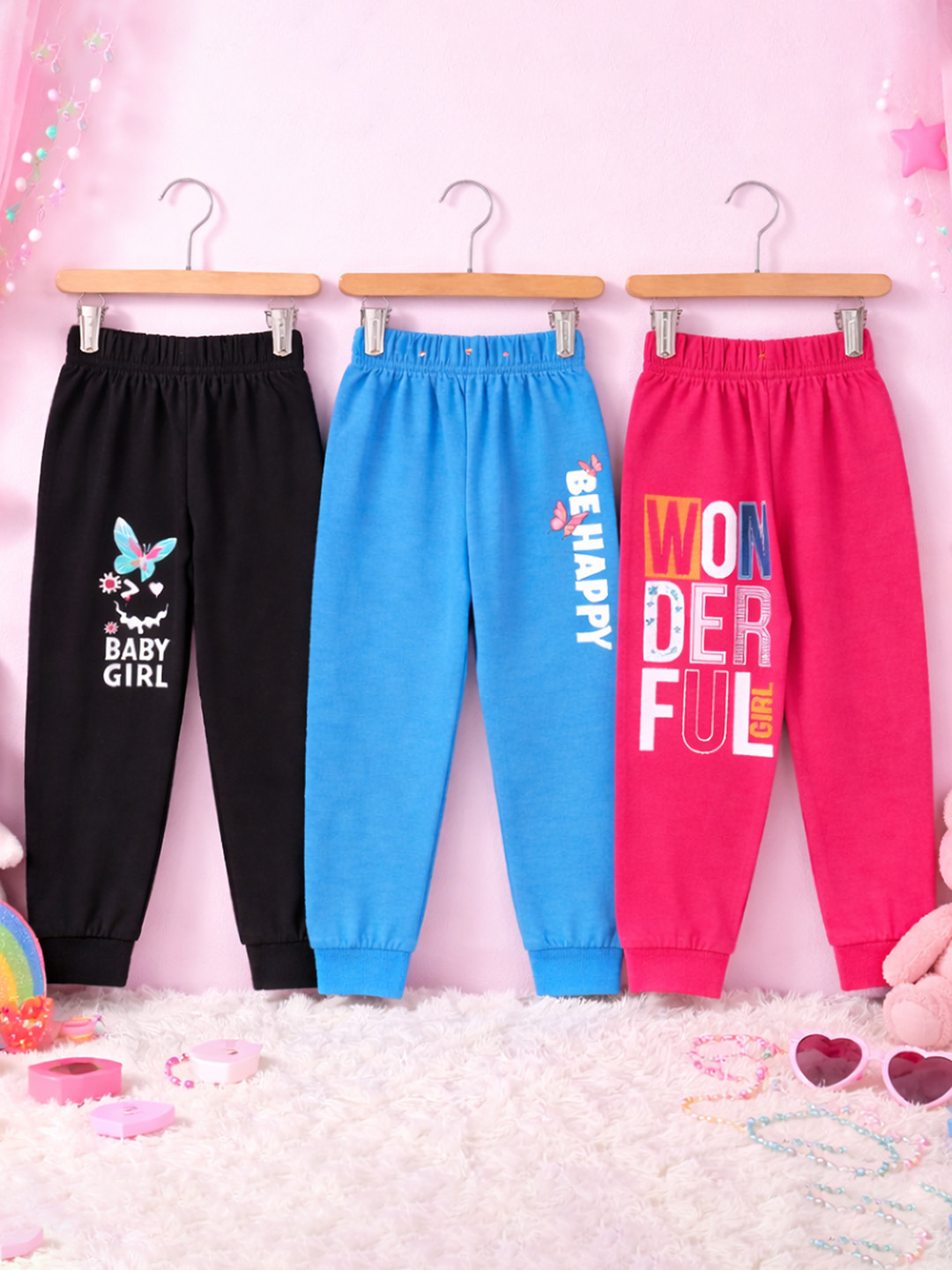 FAZZA Girls Pack Of 3 Printed Pure Cotton Joggers