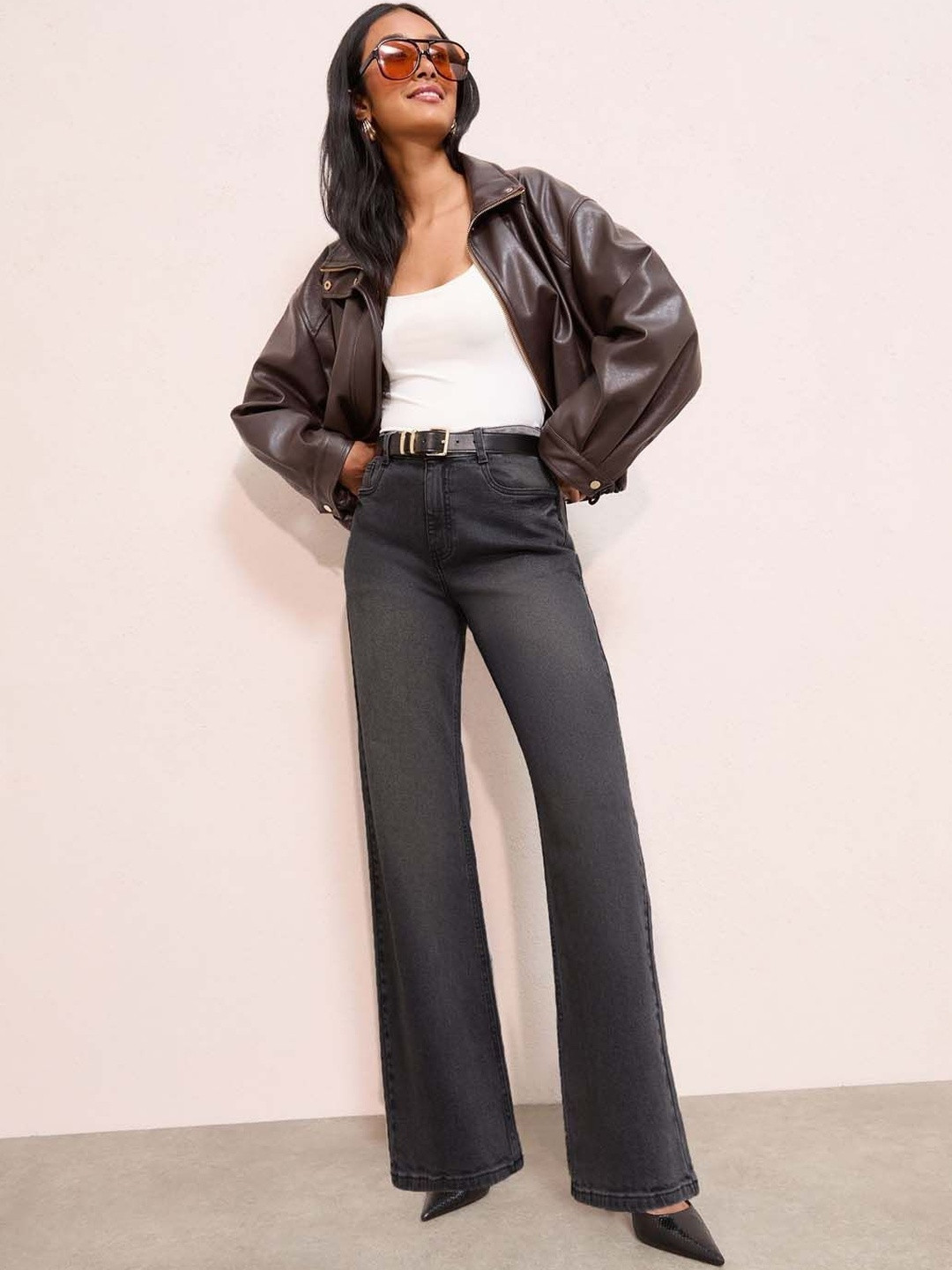 KOTTY Women Cotton Denim High Rise Wide Leg Jeans