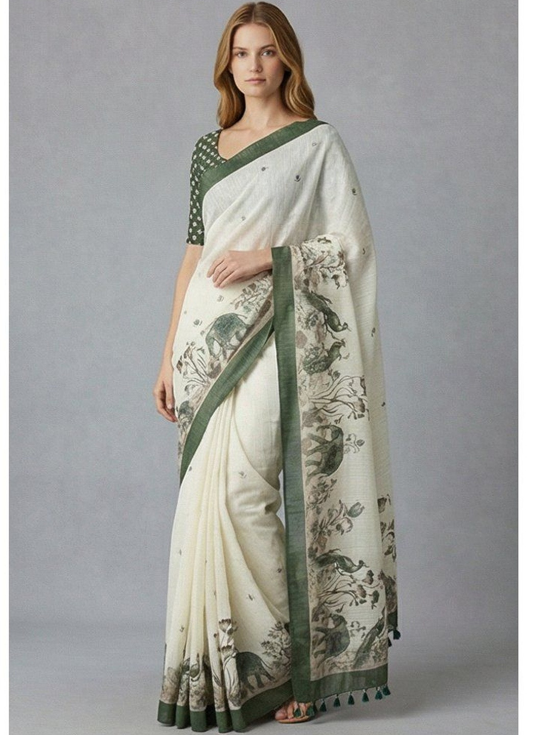 AANVI Ethnic Motifs Linen Blend Saree