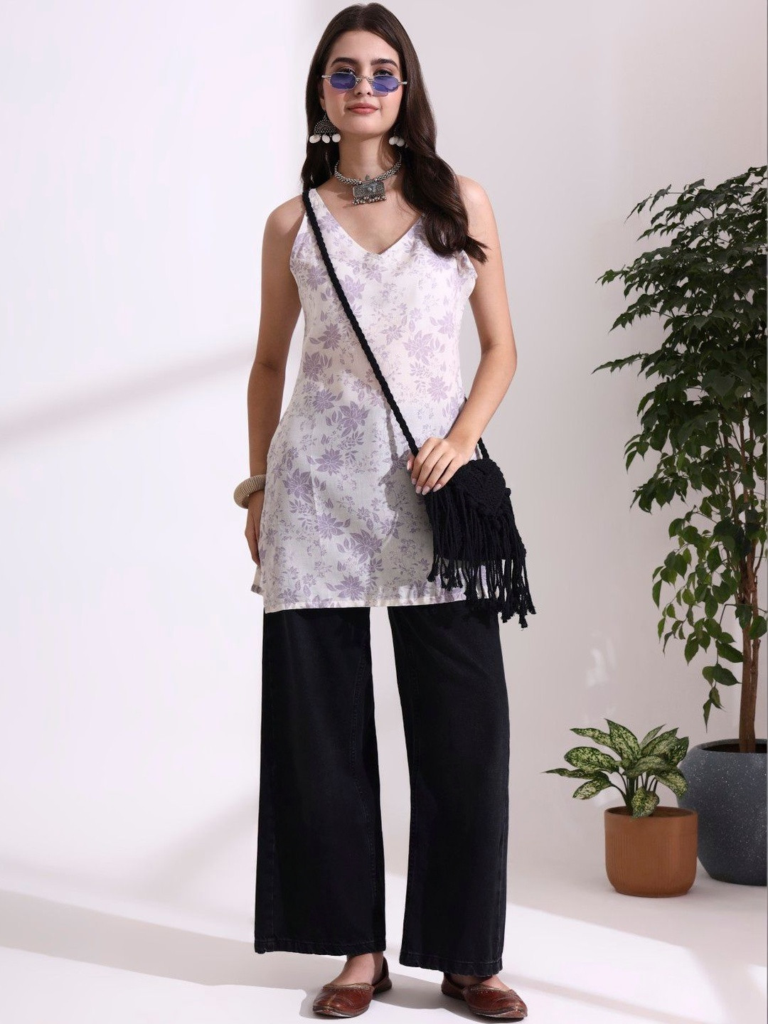 LUSIVA Floral Printed V-Neck Pure Cotton Blend Kurti