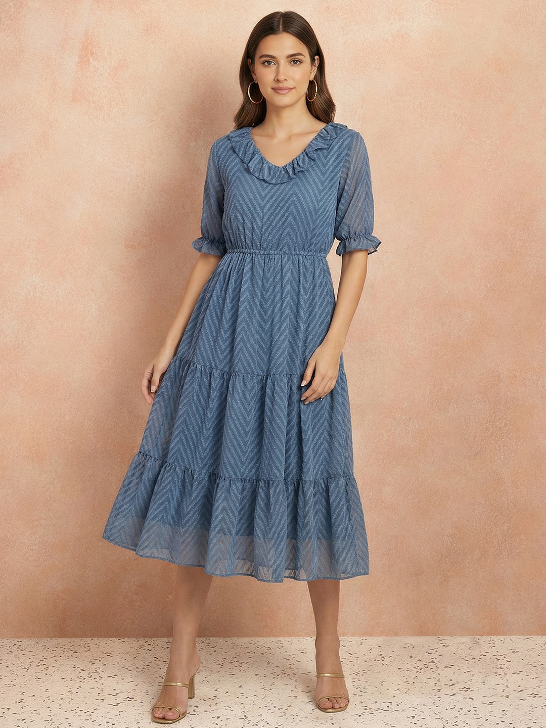 all about you Puff Sleeve Ruffled Crepe A-Line Midi Dress
