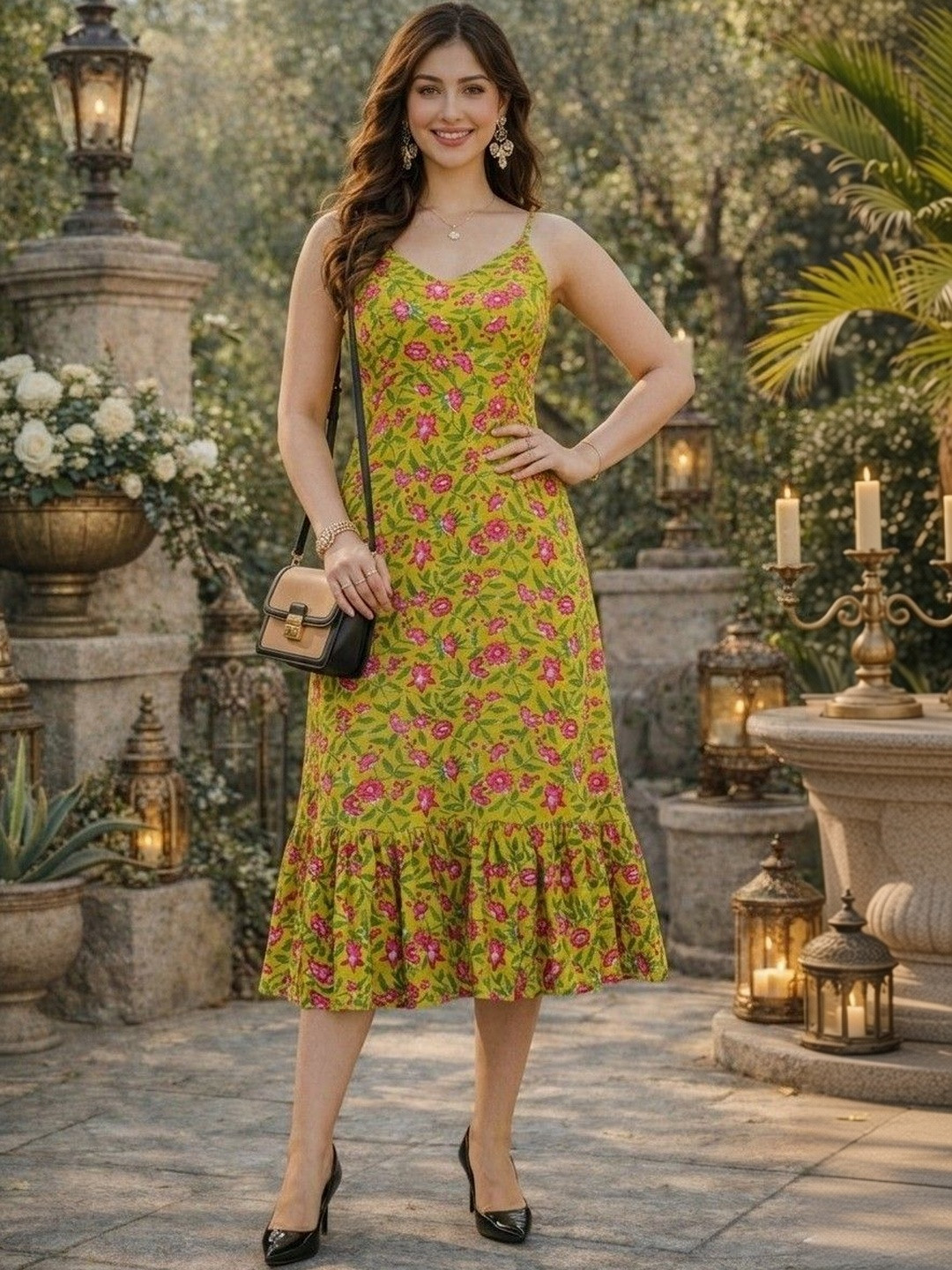 Demirner Floral Print Ruffled A-Line Midi Dress