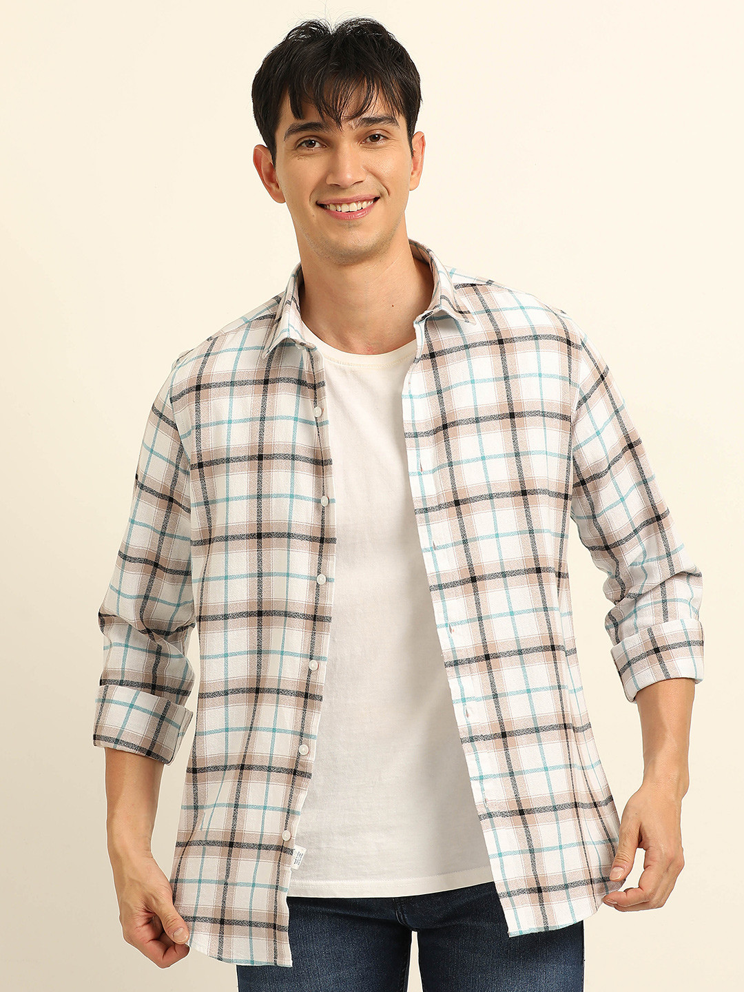 Bushirt Men Classic Slim Collar Checked Cotton Casual Shirt