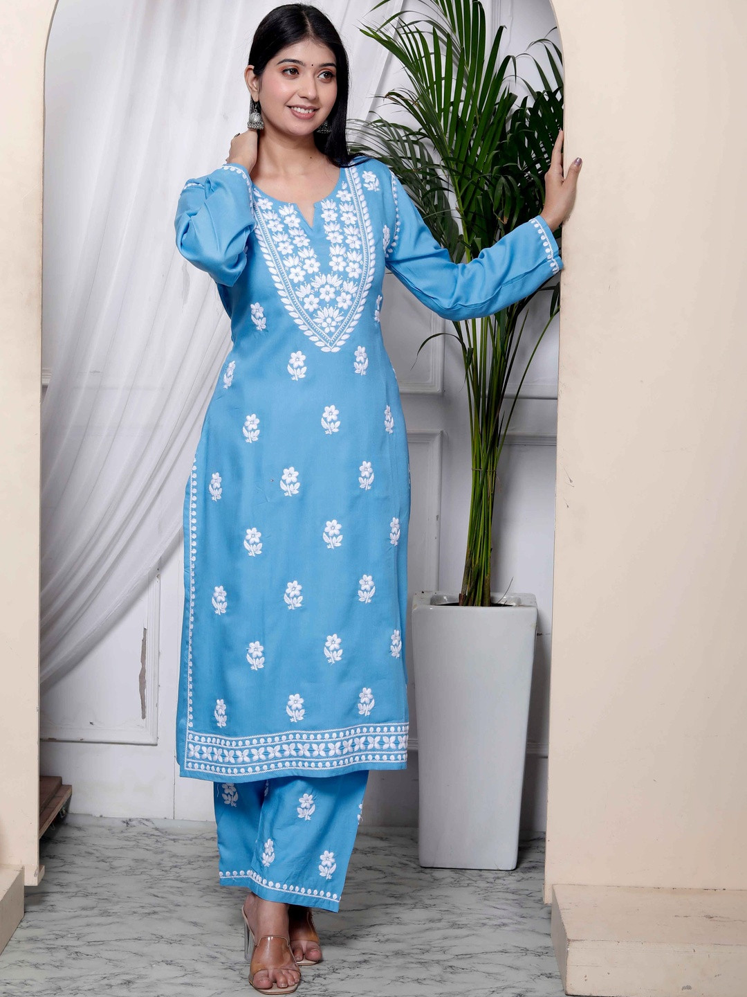 HERE&NOW Women Ethnic Motifs Embroidered Regular Chikankari Pure Cotton Kurta with Trousers