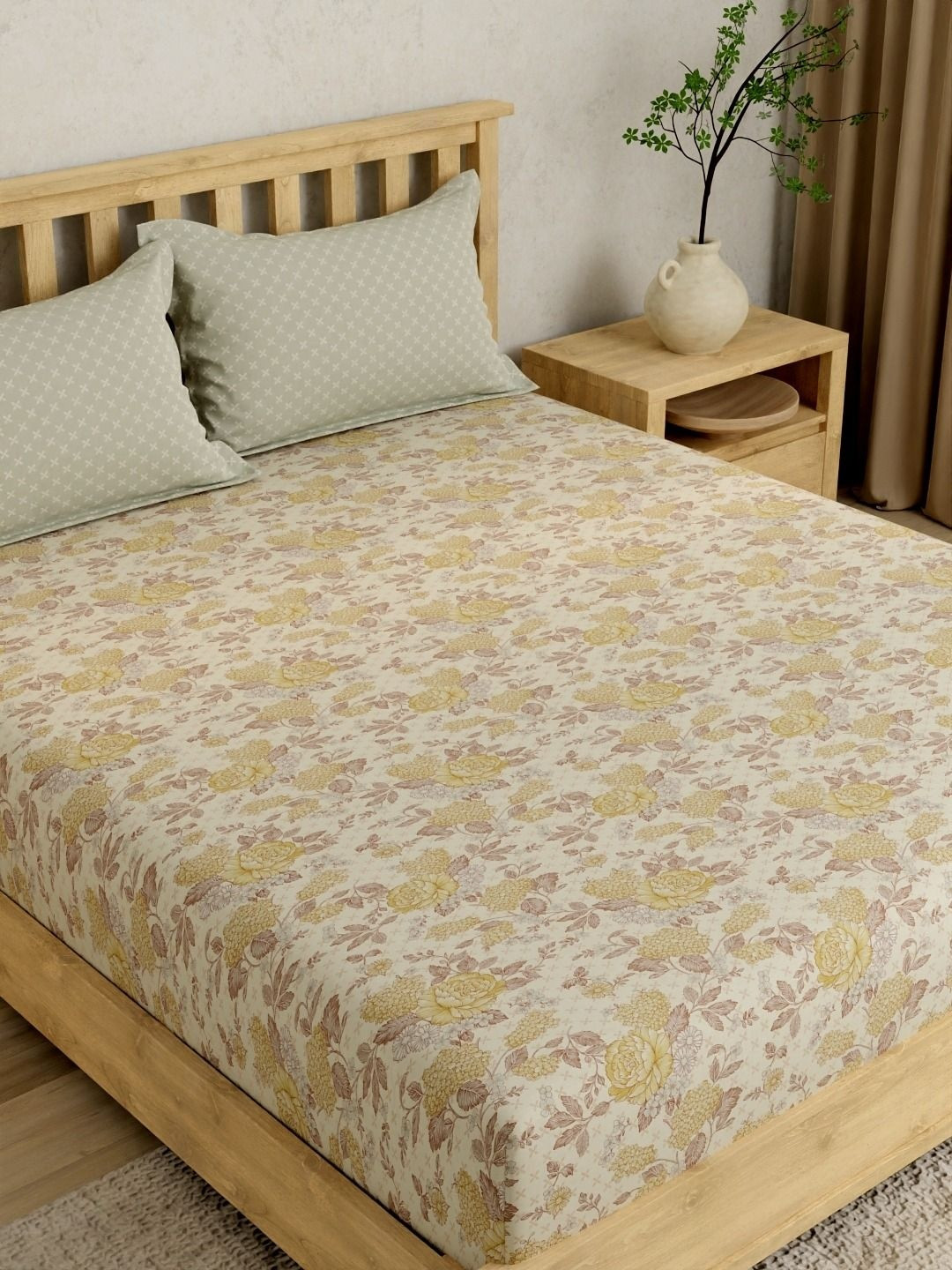 Portico Cream-Coloured & Grey Floral 152 TC Queen Bedsheet with 2 Pillow Covers