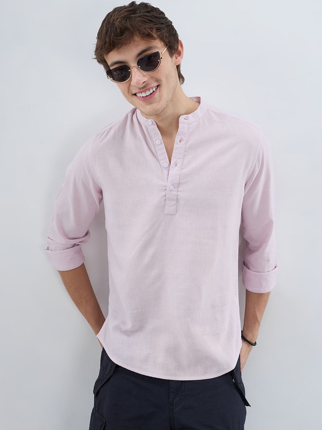 VASTRADO Premium Baby Pink Slub Textured Linen Blend Kurta