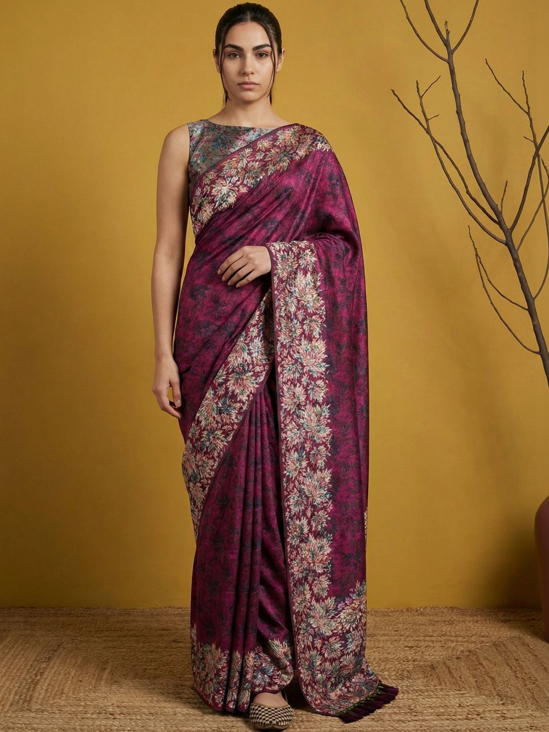ELITE WEAVES Fiza Pink Floral Handloom Silk Blend Saree
