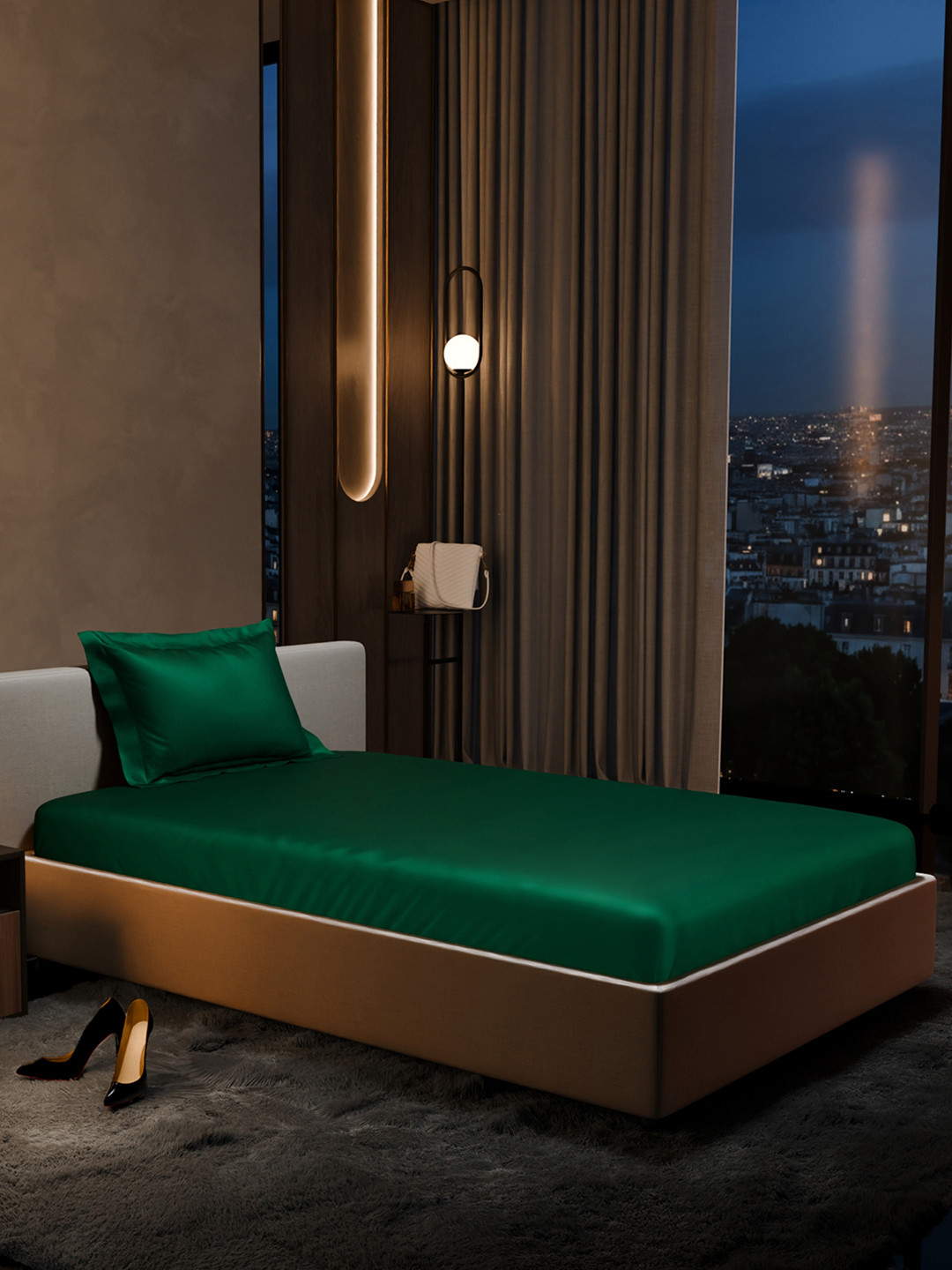 Stoa Paris Date Night Green Polyester 300 TC Fitted Single Fine Bedsheet with a Pillow Cover-42 x 72 inches