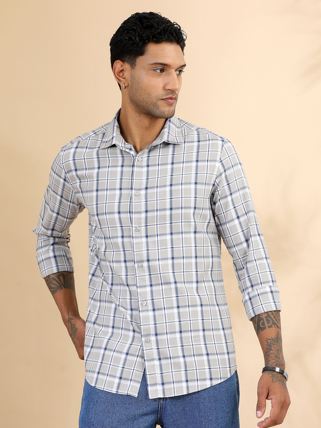 Bushirt Men Classic Spread Collar Tartan Checked Cotton Casual Shirt