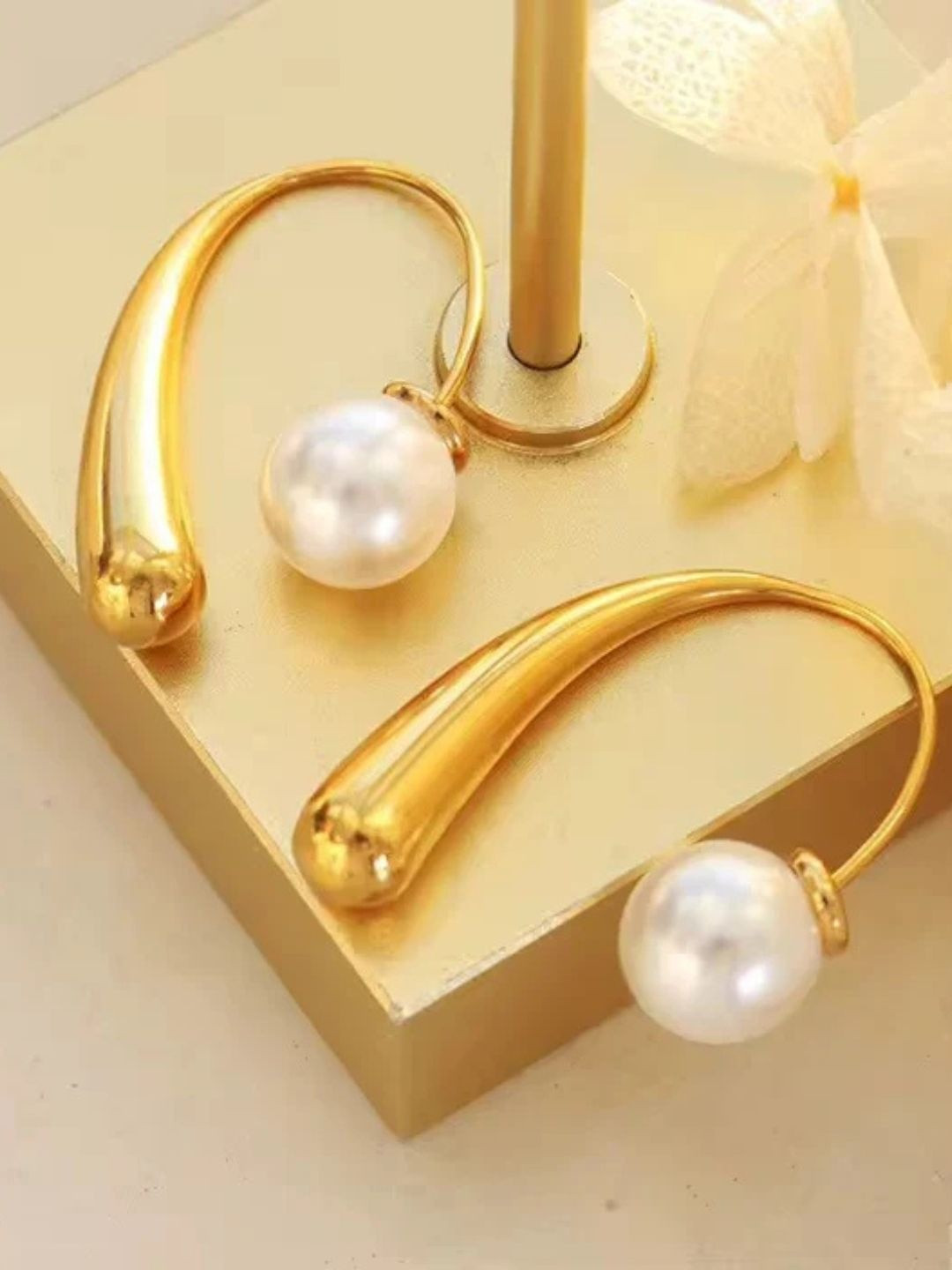 RaasRani Women Gold-Plated Teardrop Shaped Off White Drop Earrings
