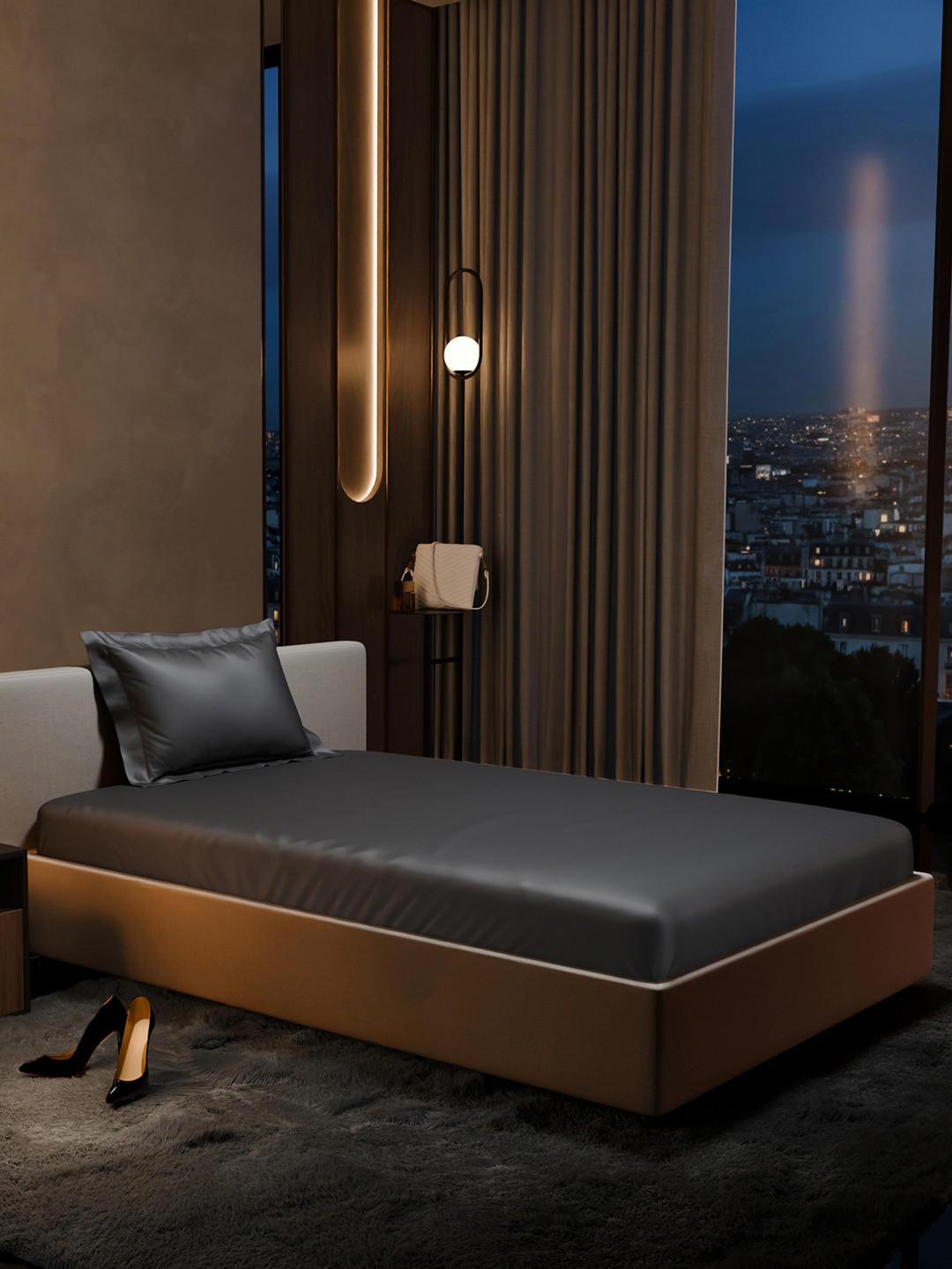 Stoa Paris Date Night Grey Solid Satin 300 TC Fitted Single Fine Bedsheet with a Pillow Cover-107 x 183 cm