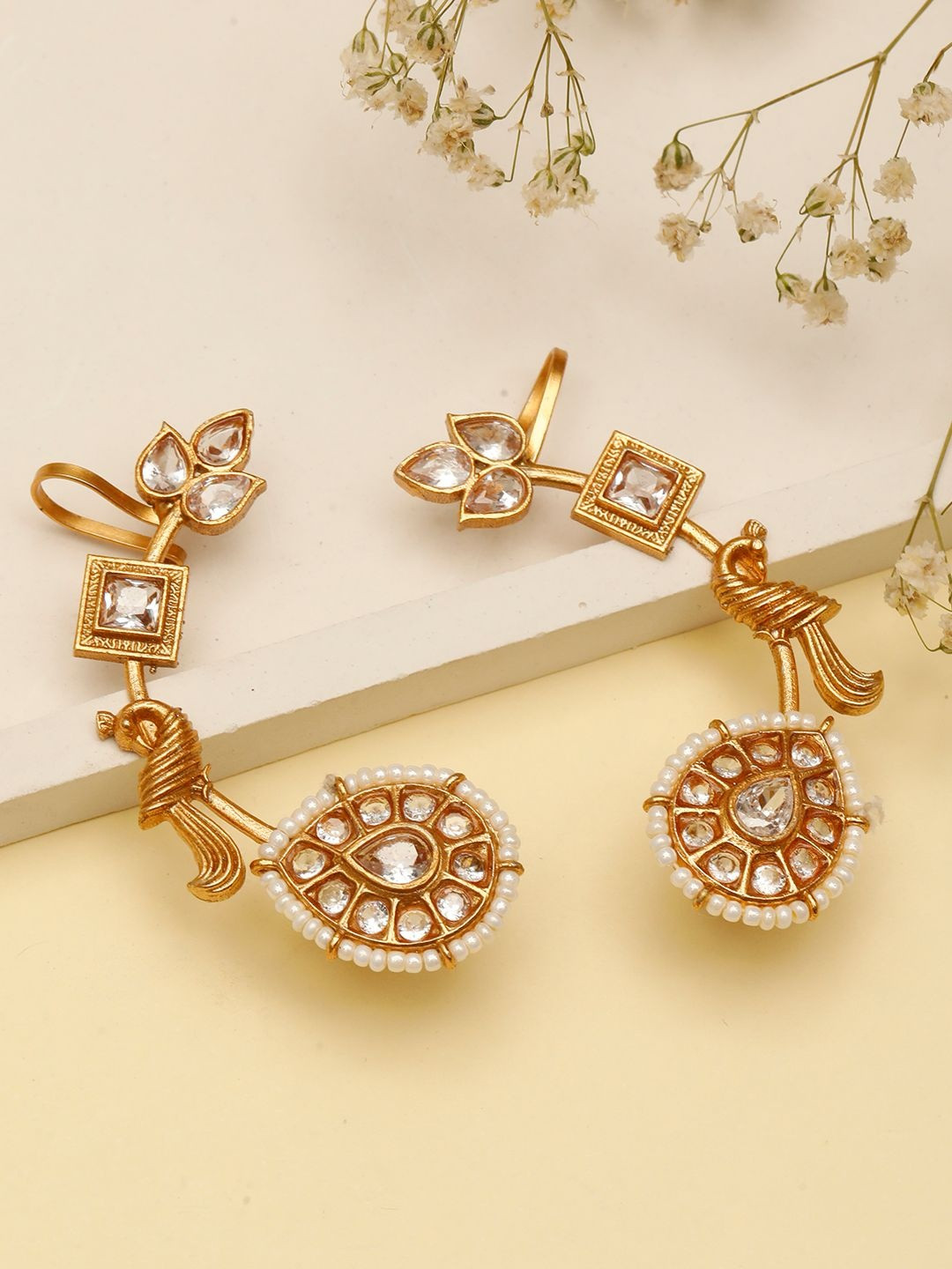 VIVAZS Gold-Plated Kundan Stone Studded & Beaded Peacock Shaped Contemporary Ear Cuff