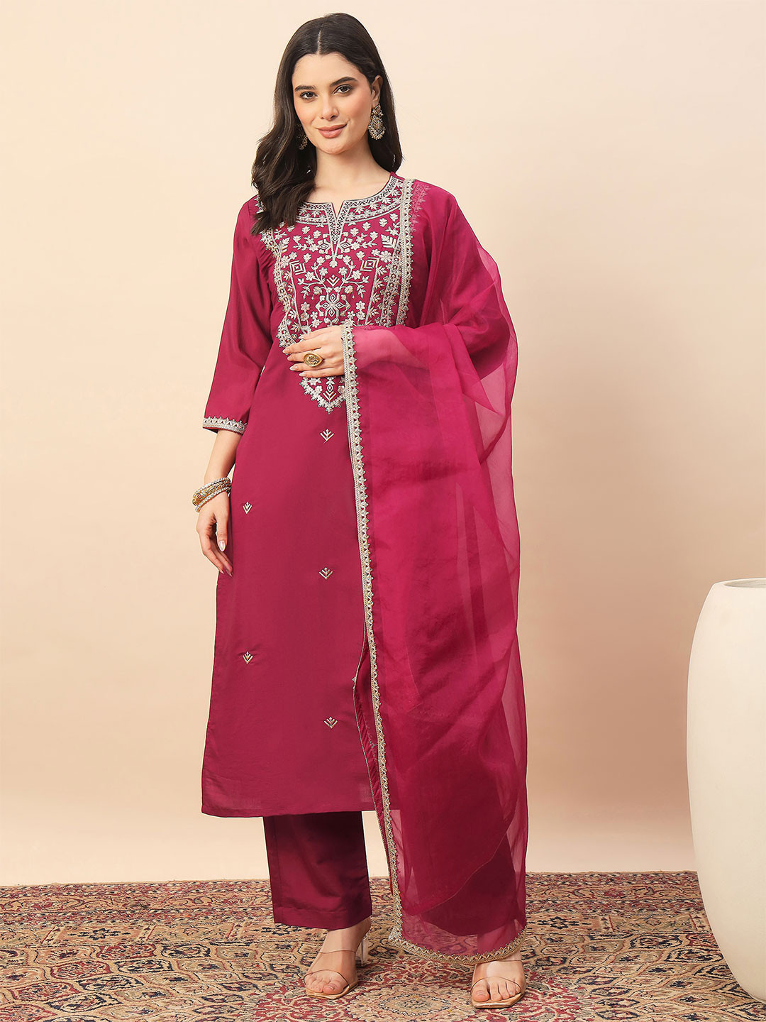 House of Pataudi Embroidered Round Neck Straight Kurta & Trousers With Dupatta