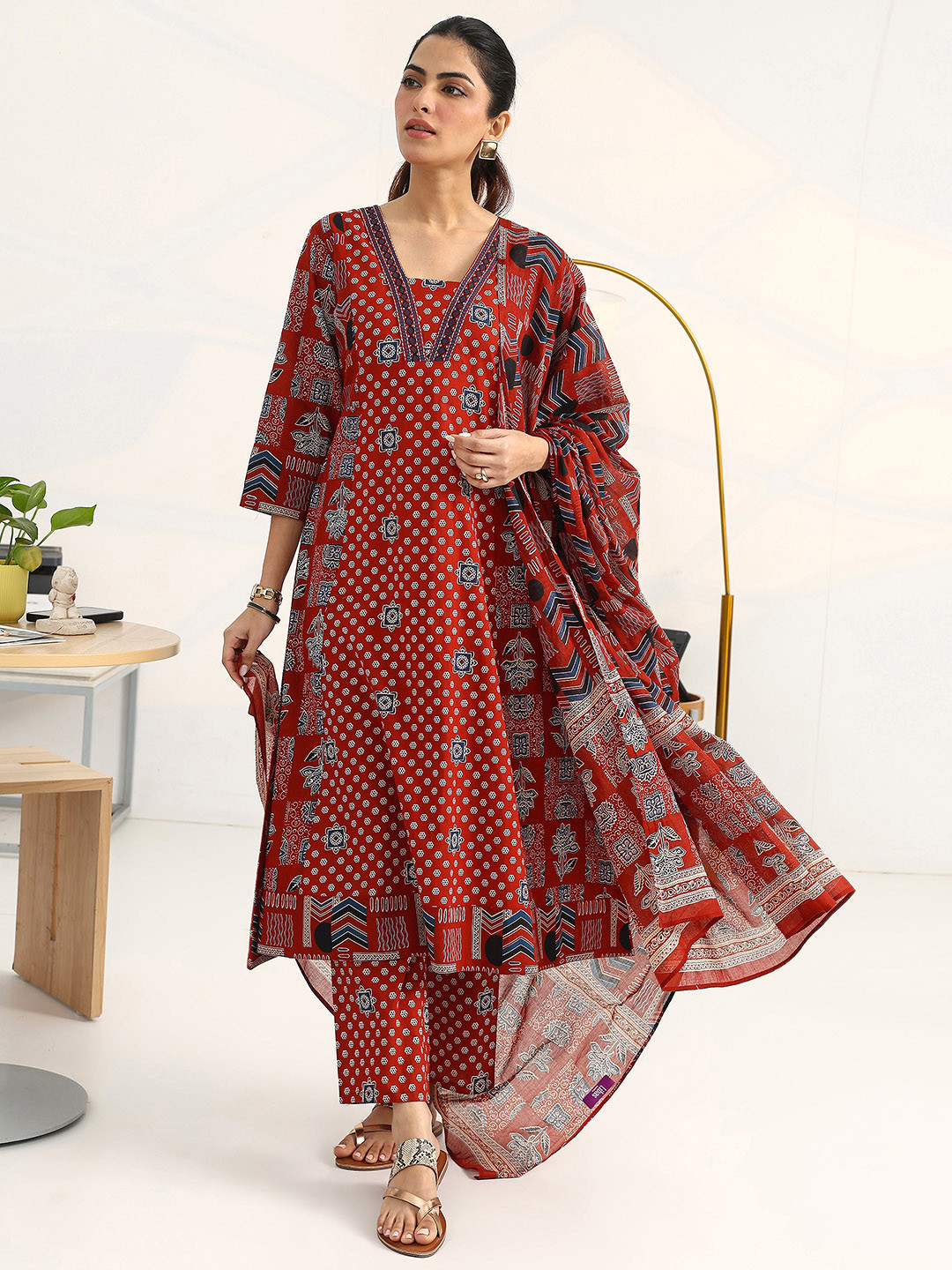 Gerua By Libas Women Ethnic Motifs Printed Regular Cotton Blend Kurta with Trousers & With Dupatta