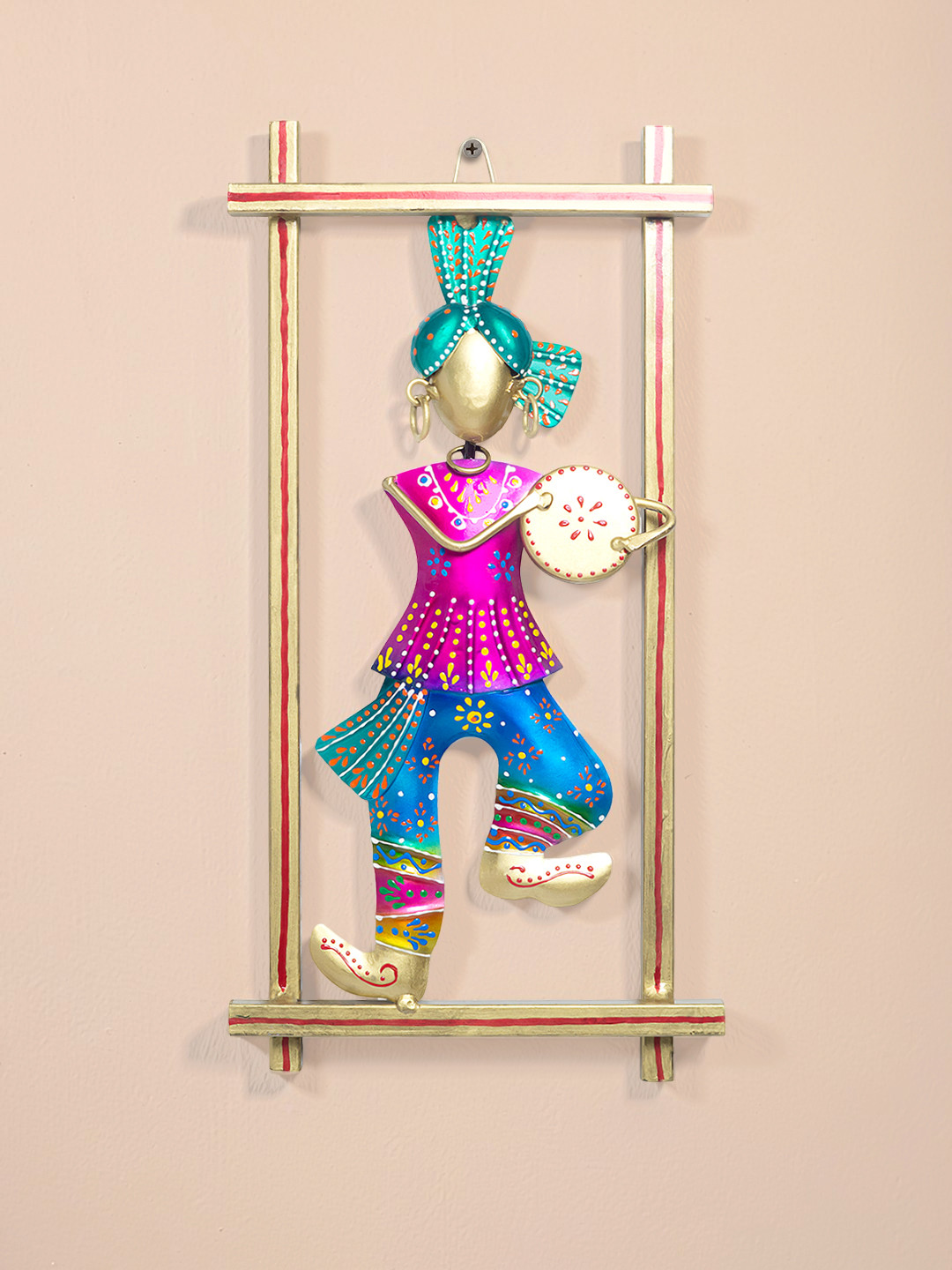 Golden Peacock Rajasthani Musician Hangings Hand-Painted Metal Glossy Wall Hangings-14.8In