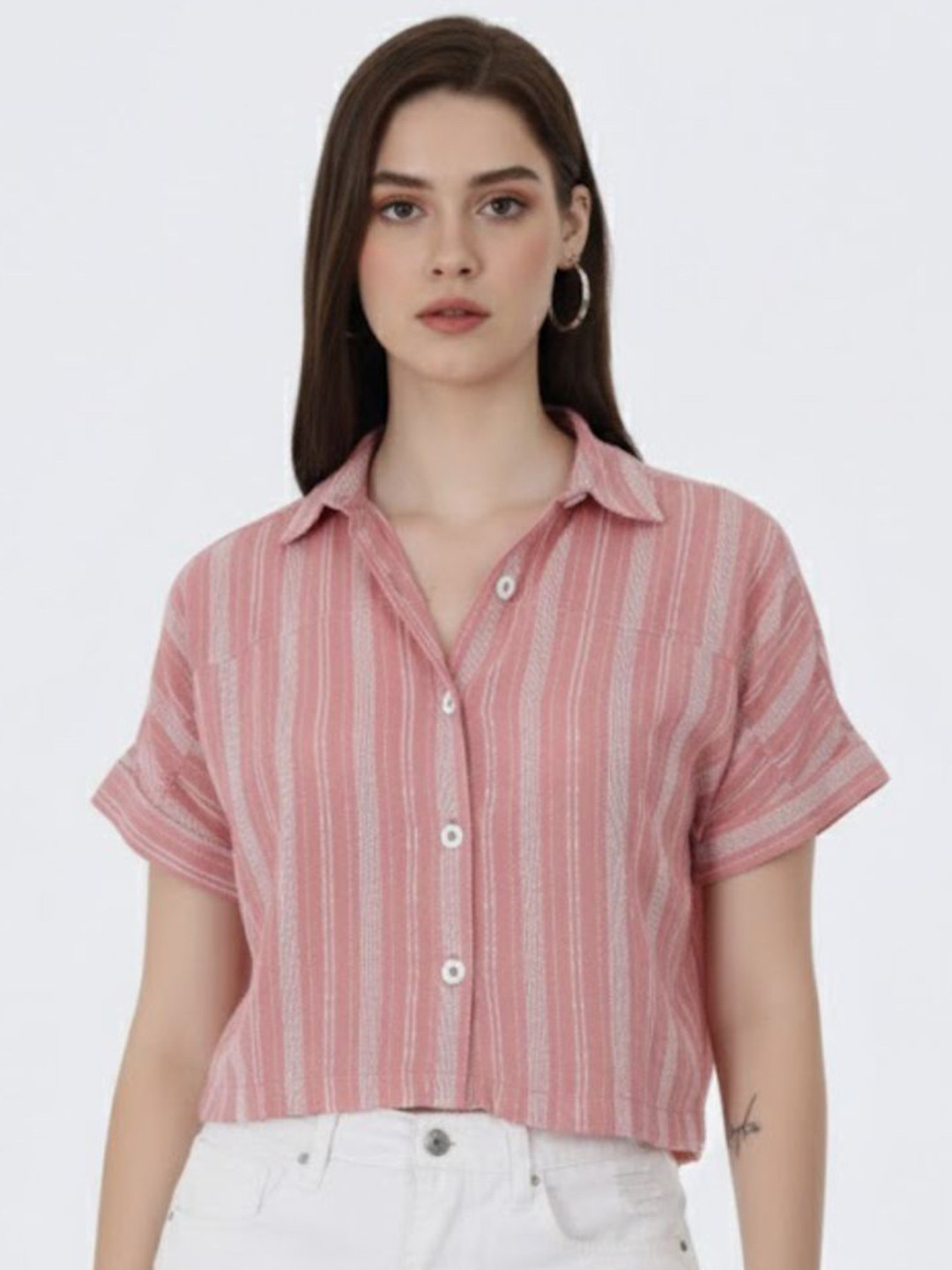 BIRDIE Women Pink Striped Collared Cotton Blend Relaxed Fit Cropped Top