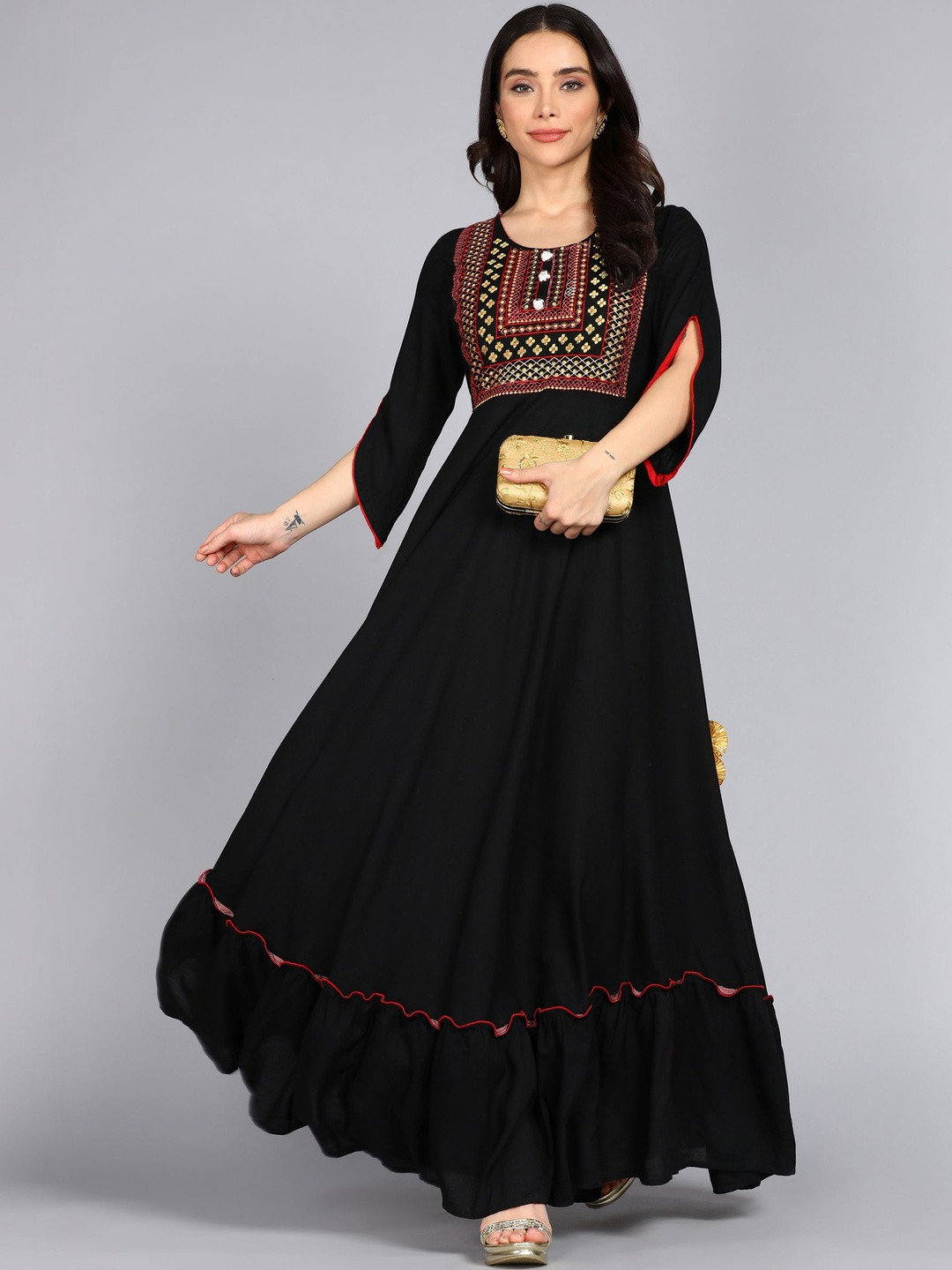 Jaipurite Ethnic Motifs Embroidered Flared Sleeve Maxi Dress