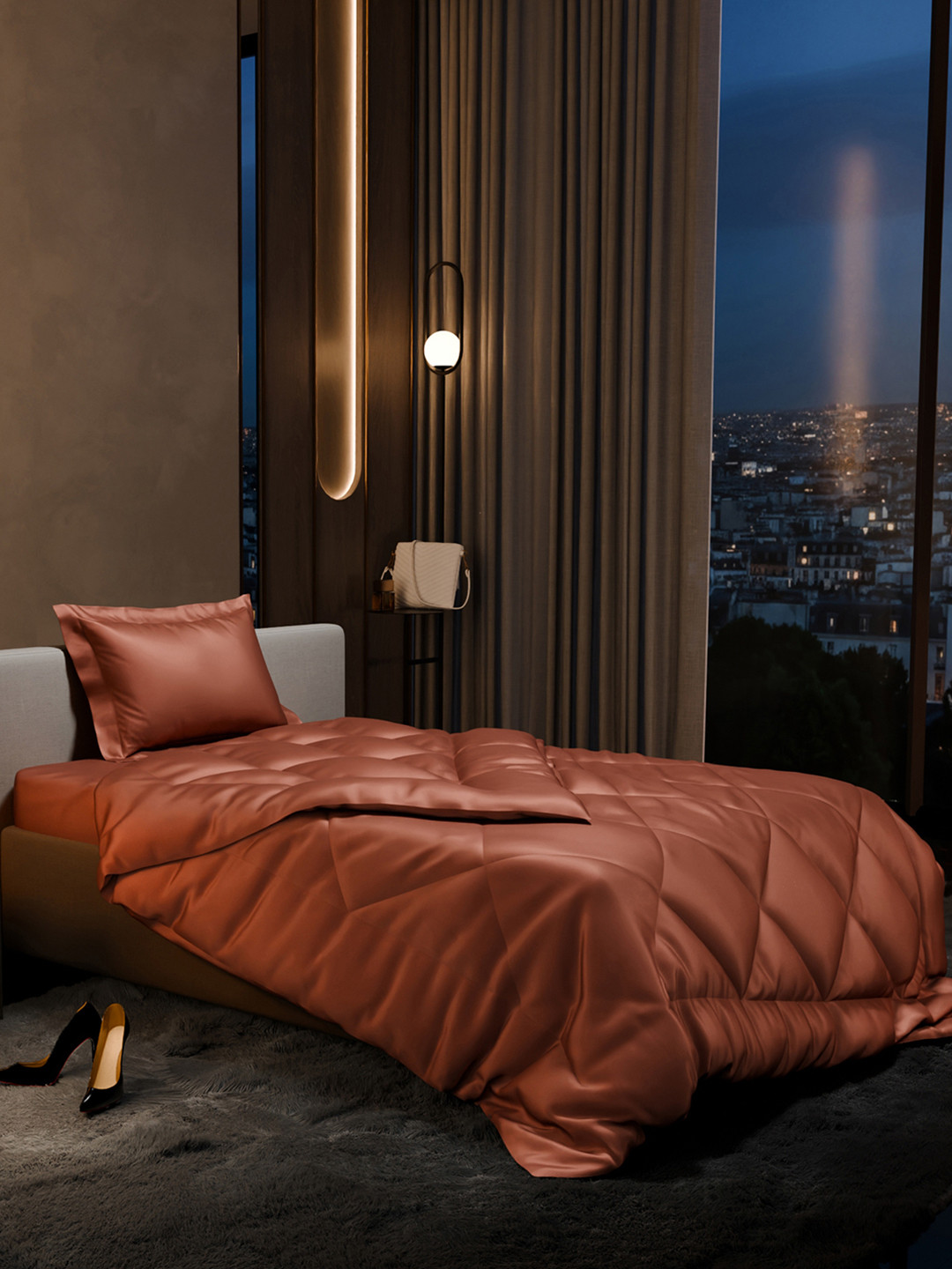 Stoa Paris Date Night Camel Brown AC Room 150 GSM Single Bed Satin Comforter