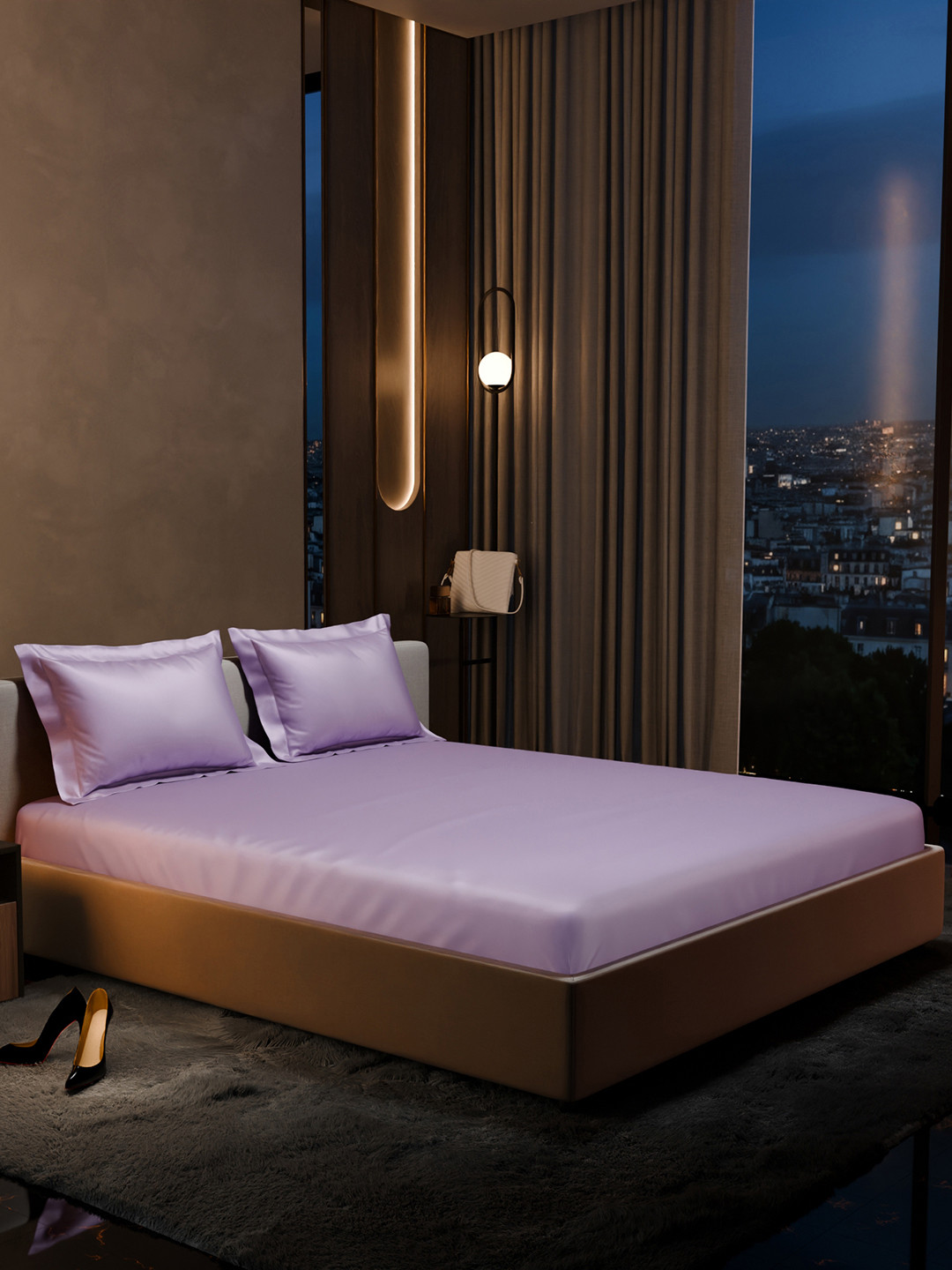 Stoa Paris Date Night Lavender Polyester 300 TC Fitted King Fine Bedsheet with 2 Pillow Covers-20 x 78 inches