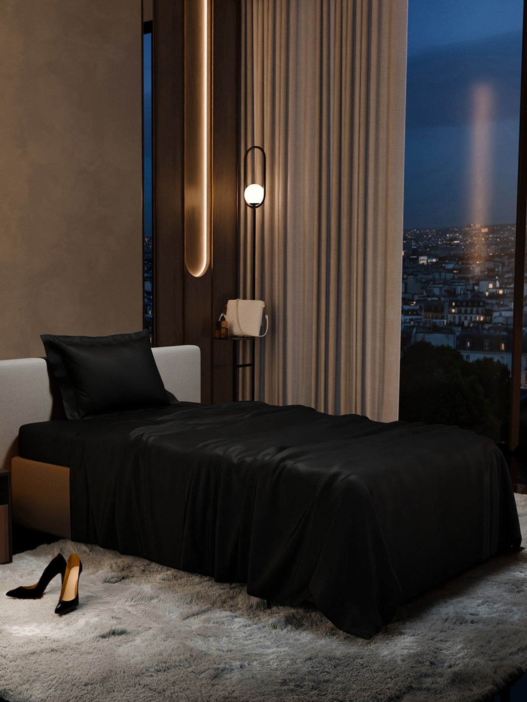 Stoa Paris Date Night Collection Black 300 TC Single Superfine Bedsheet-60 x 90 inches