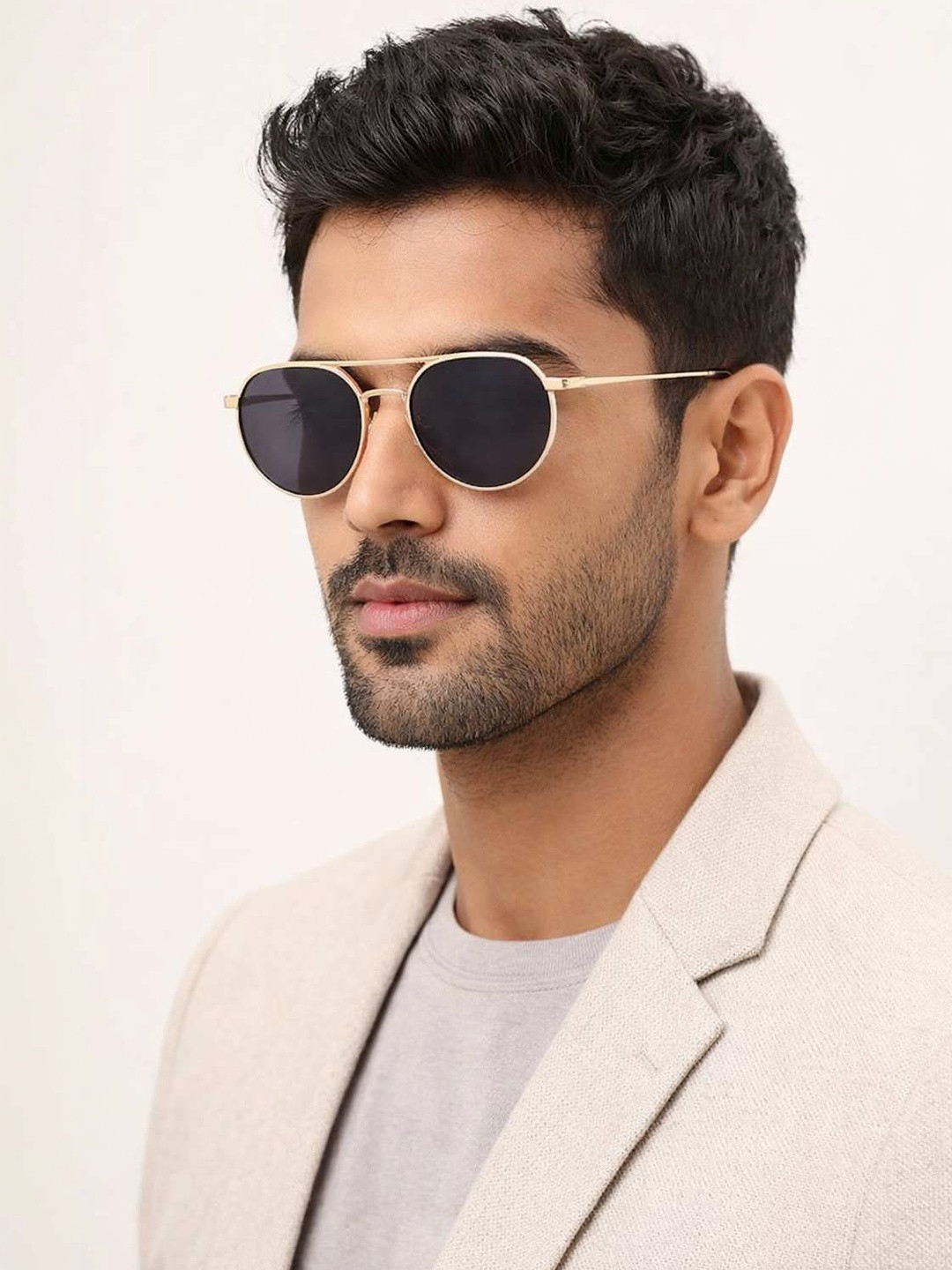 HIPE Men Black Lens & Gold-Toned Round Sunglasses with