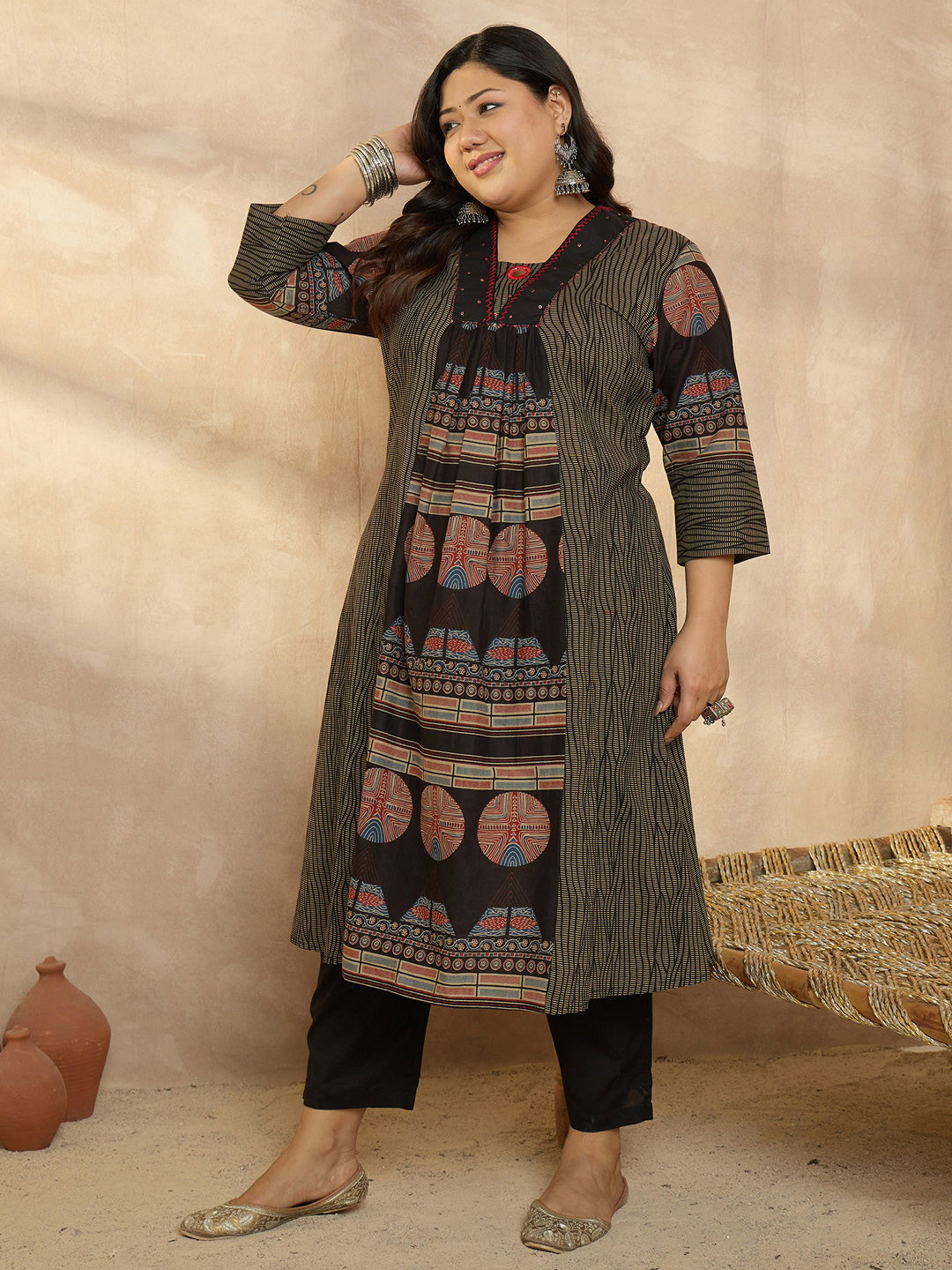 Indo Era Plus Size Multi Printed A-Line Kurta Trousers Set