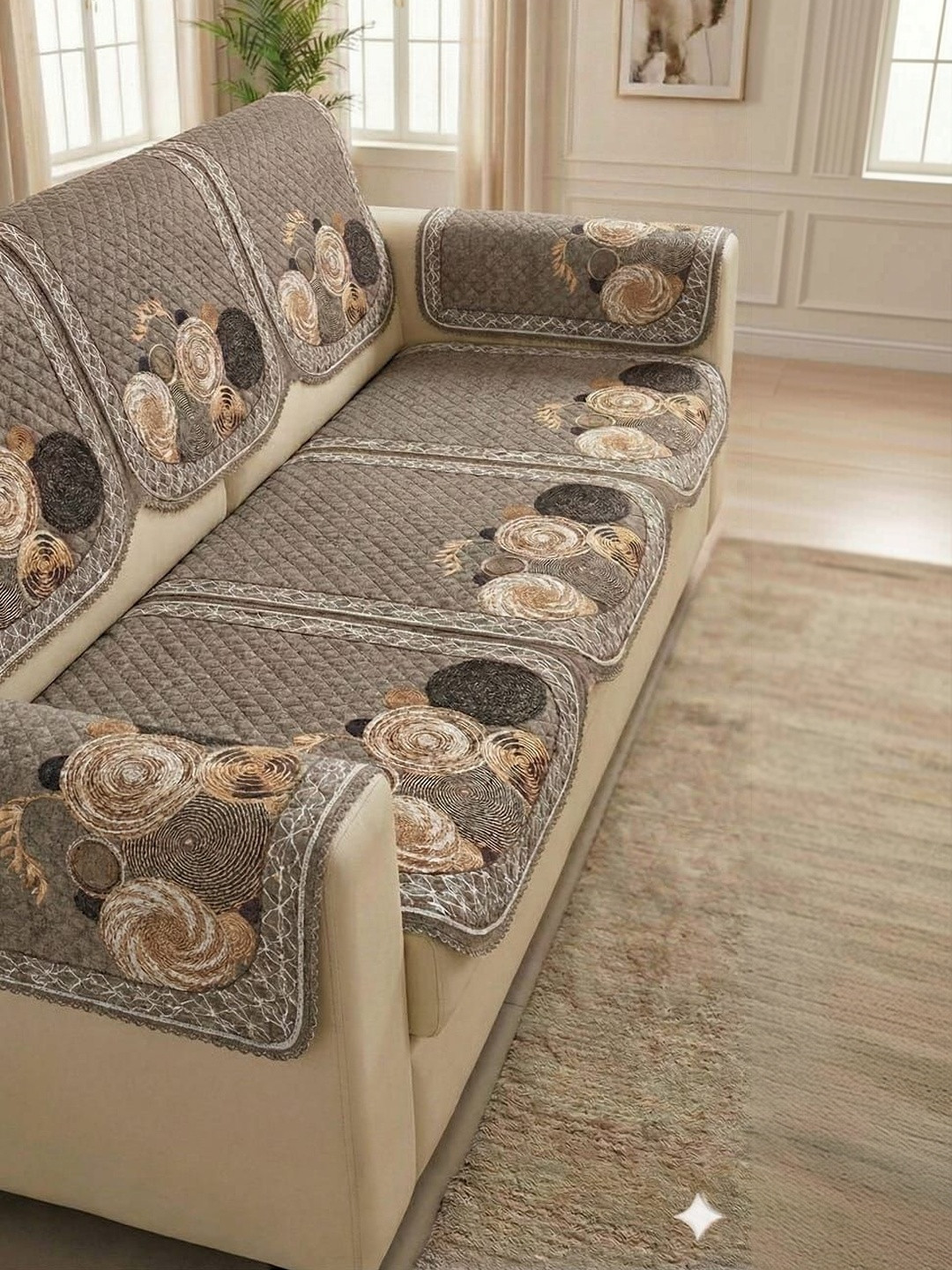 RAINBOW FURNISHINGS Cream-Coloured & Grey Embroidered Sofa Cover Without Arms