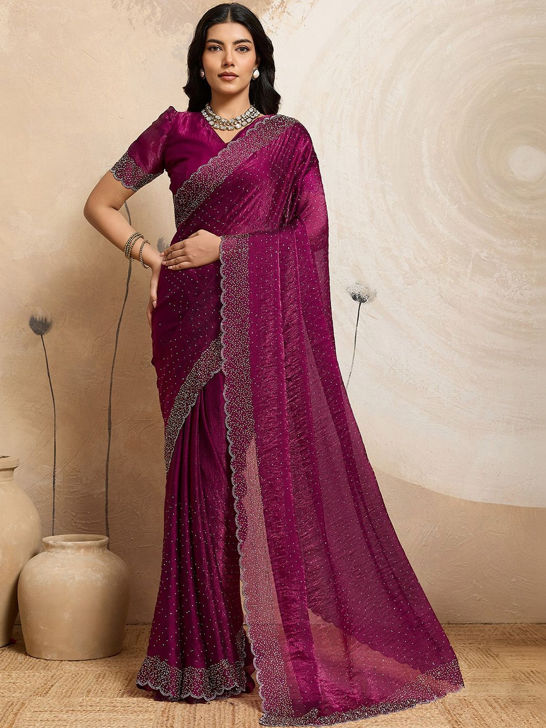 LOOM SUTAA Embellished Beads and Stones Organza Heavy Work Saree