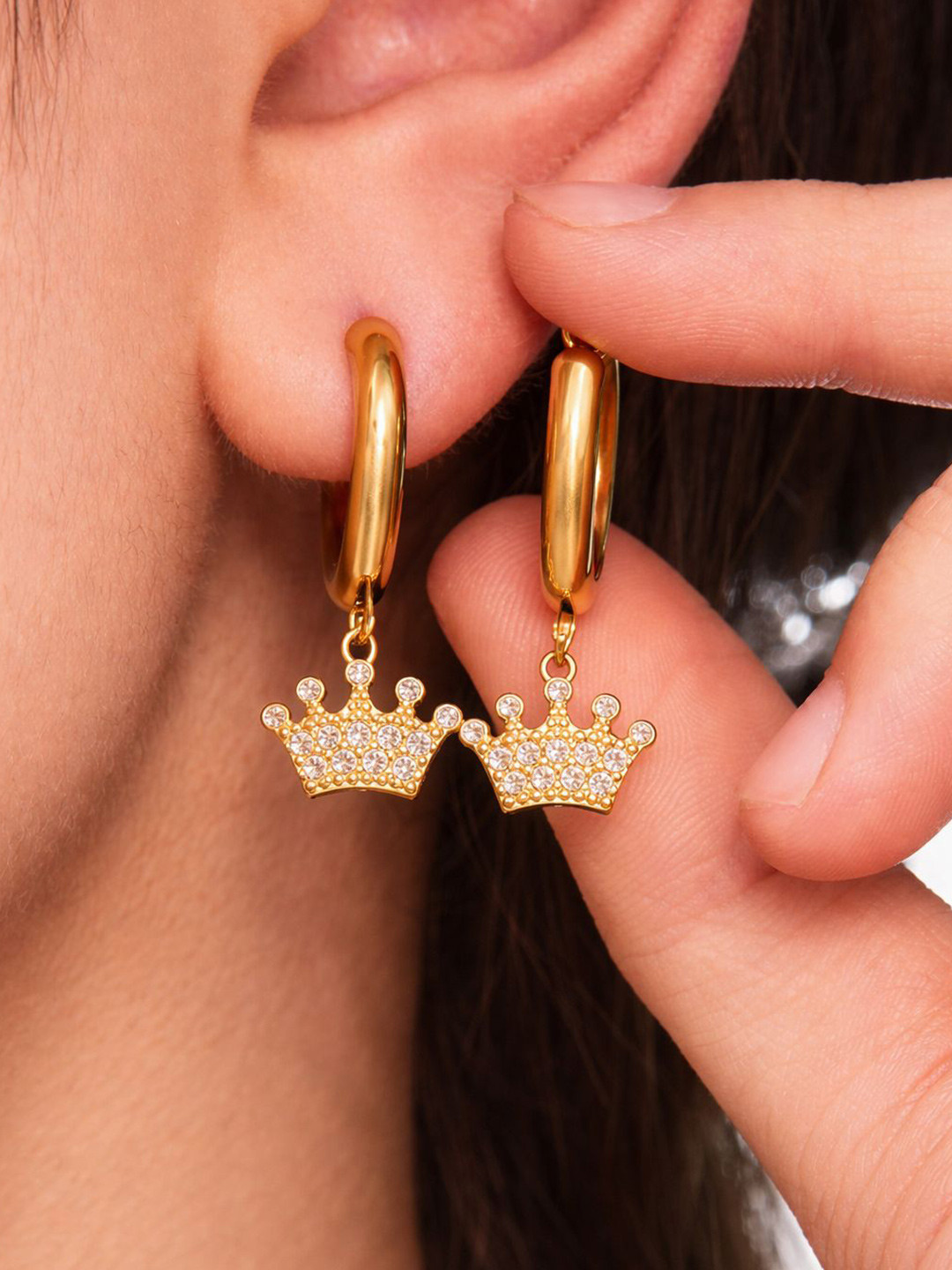 NAITRA 18K Gold Plated CZ Studded Crown Charm Waterproof & Anti-Tarnish Hoop Earrings