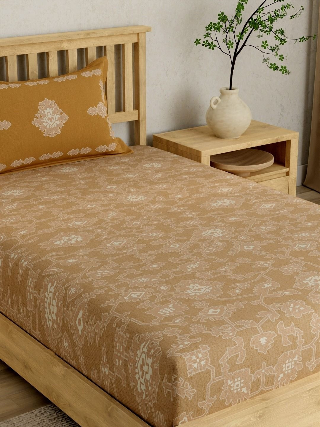 Portico Brown Ethnic Motifs 152 TC Single Bedsheet with 1 Pillow Covers