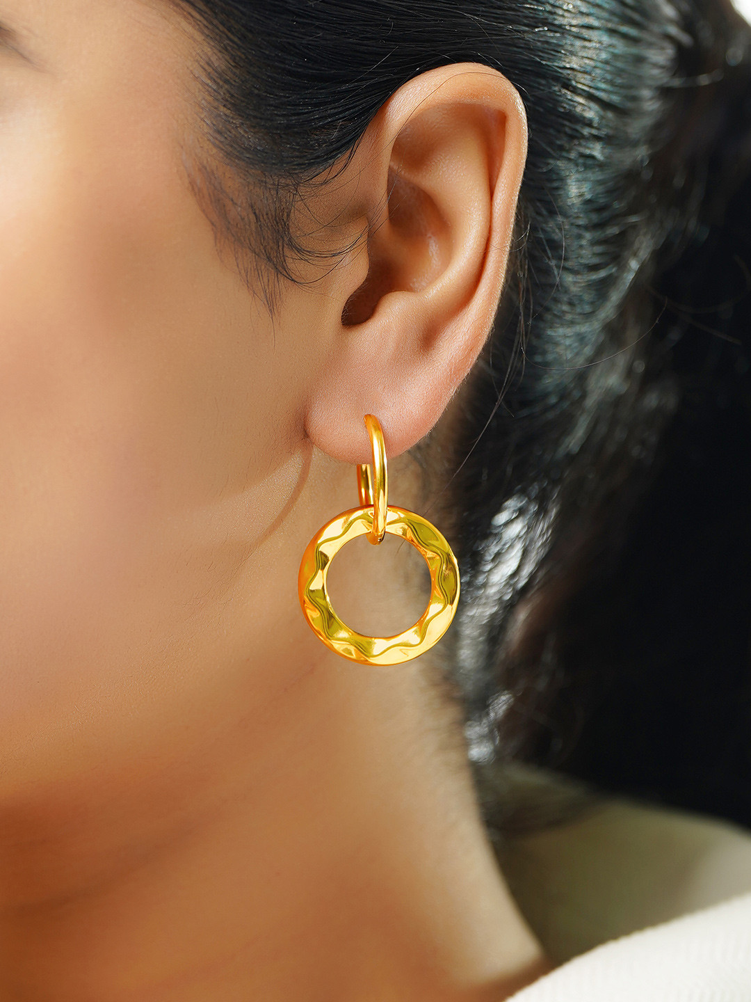 NAITRA 18K Gold Plated Textured Circle Waterproof & Anti-Tarnish Statement Earrings
