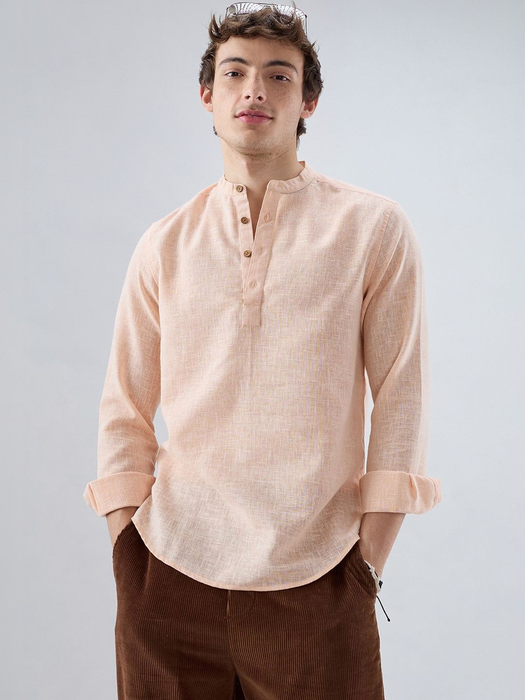 VASTRADO Creamy Peach Slub Textured Kurta