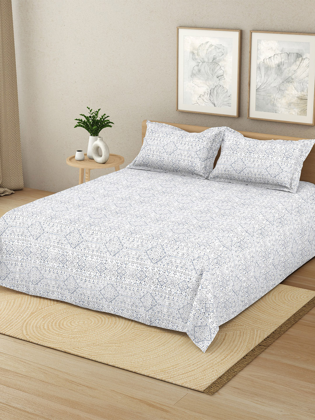 Himeya Blue Ethnic Motifs 180 TC King Bedsheet with 2 Pillow Covers 108 x 108 Inches