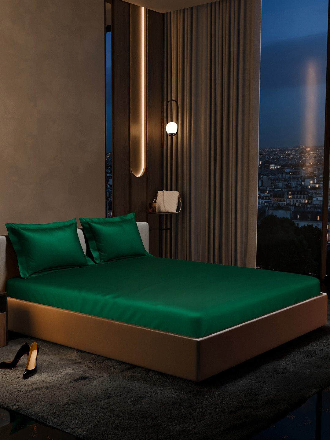 Stoa Paris Date Night Green Polyester Breathable 300 TC Fitted King Fine Bedsheet with 2 Pillow Covers-60 x 78 inches