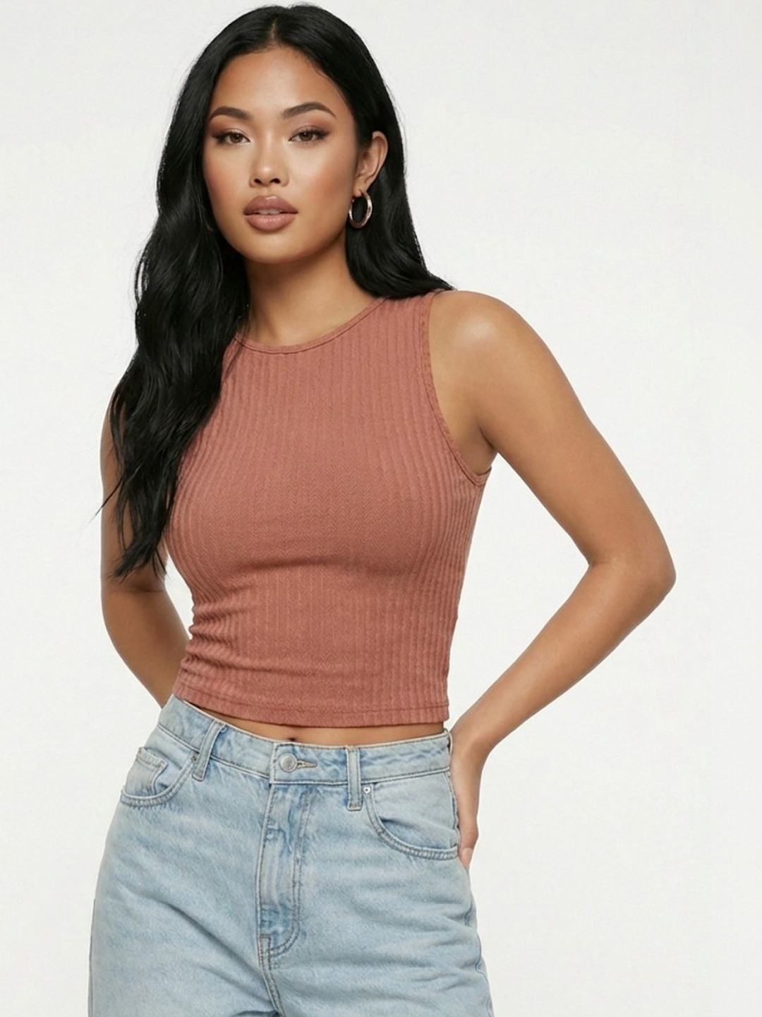 Peach Ribbed Crop Top with Round Neck