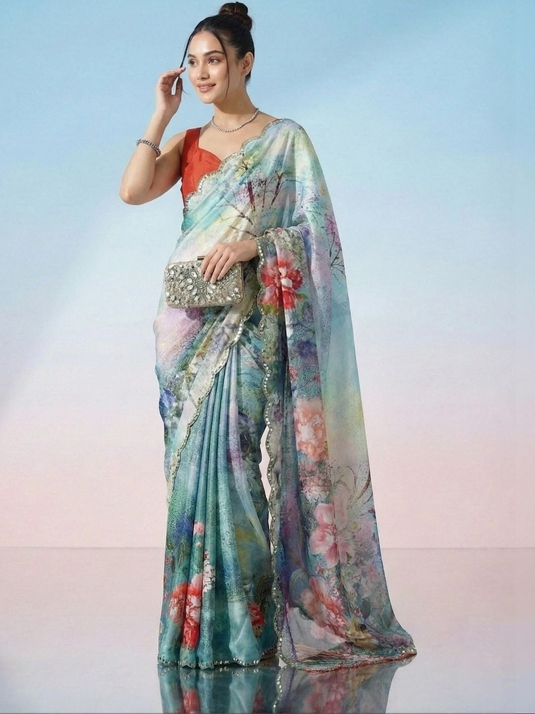 Mitera Floral Sequinned Satin Saree