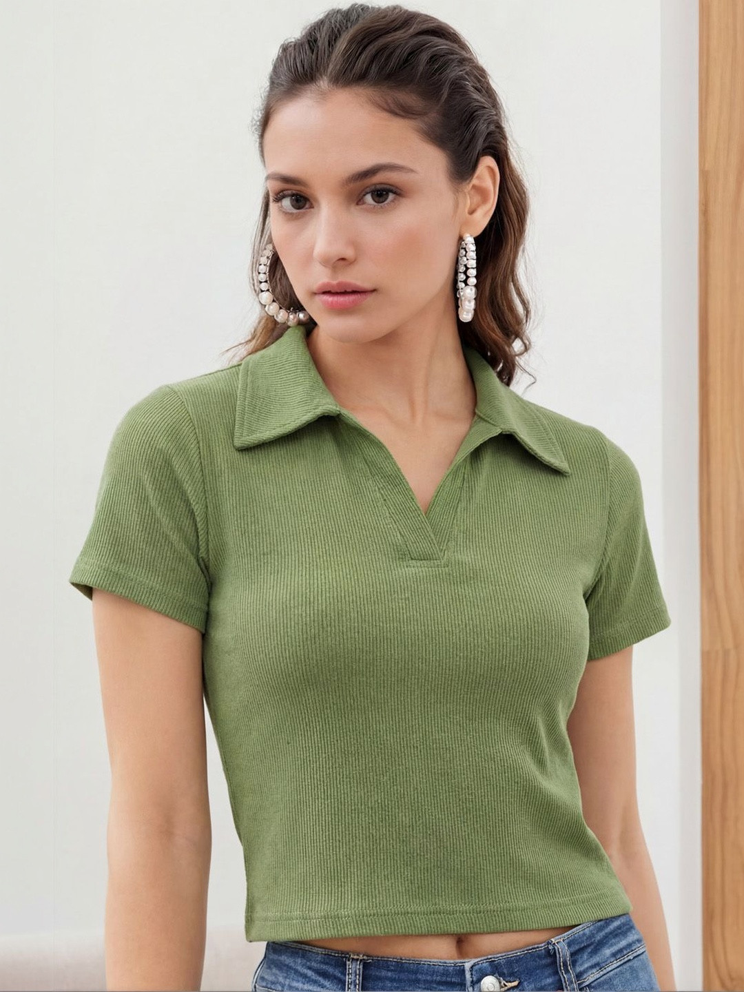all about you Solid Ribbed Shirt Collar Crop Top