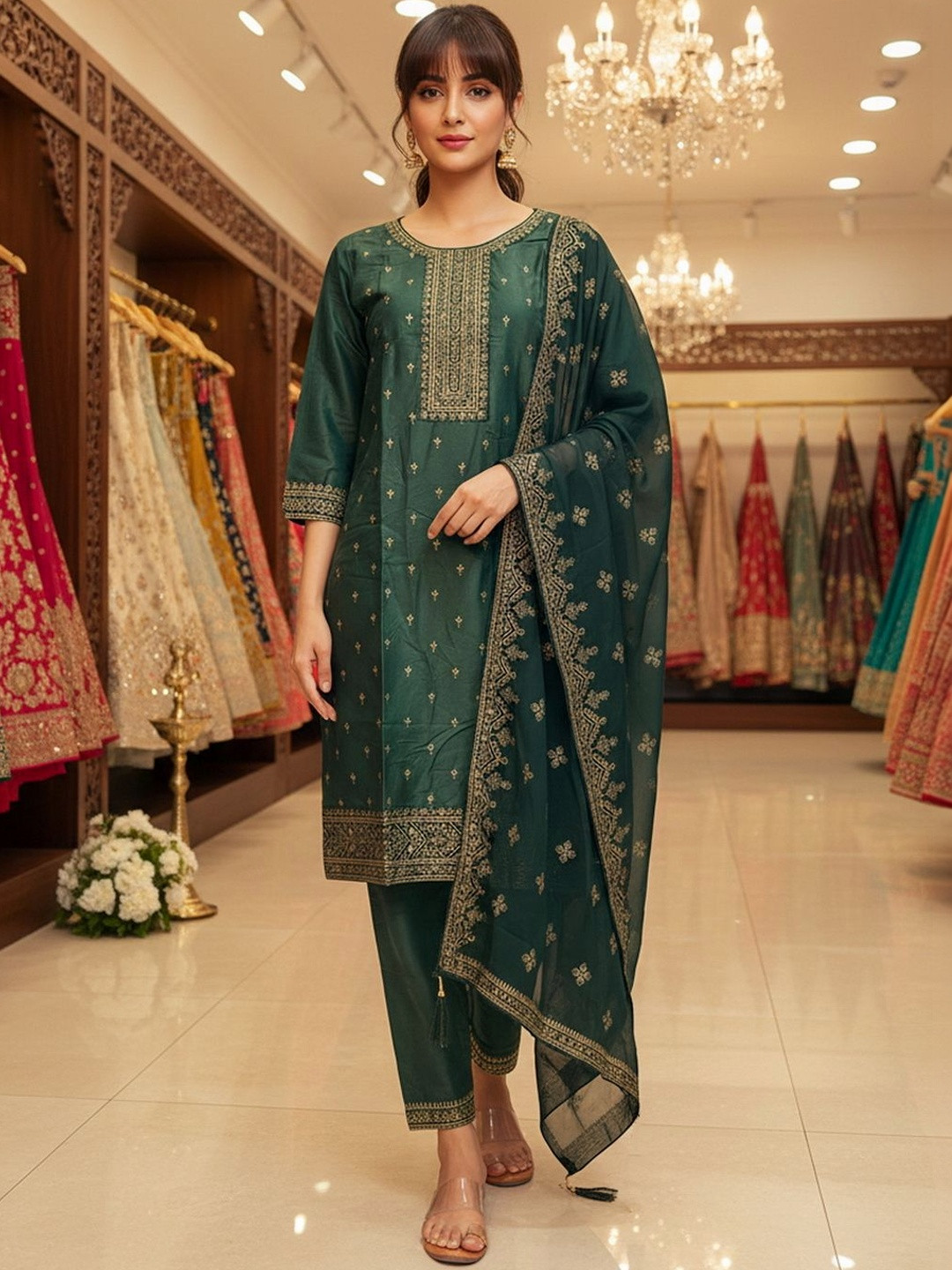 FABLAND Women Ethnic Motifs Embroidered Regular Thread Work Kurta with Trousers & With Dupatta
