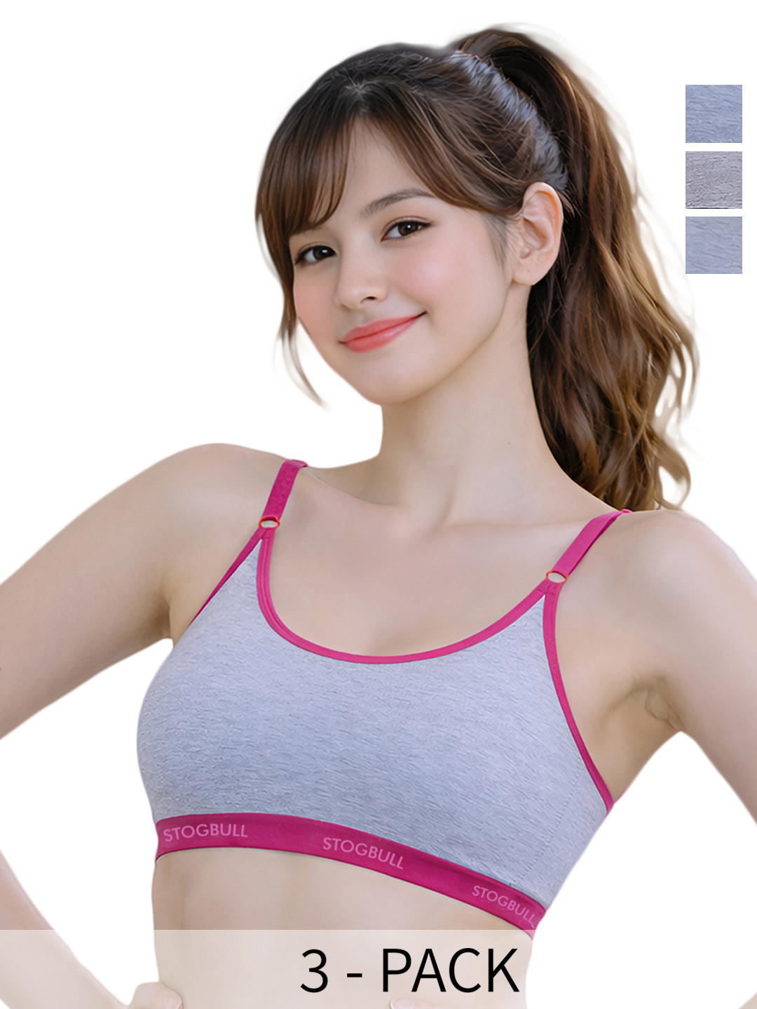 STOGBULL Women Pack of 3 Full Coverage Cotton Lycra Adjustable Straps Sports Bra