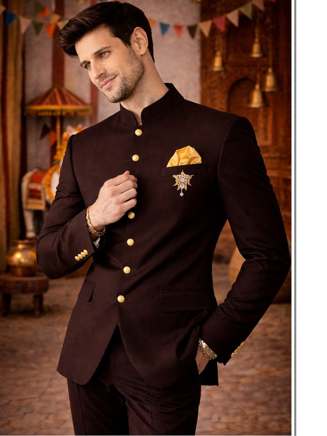SOURAGYA Cotton Tailored Fit Mandarin Collar Bandhgala Blazers