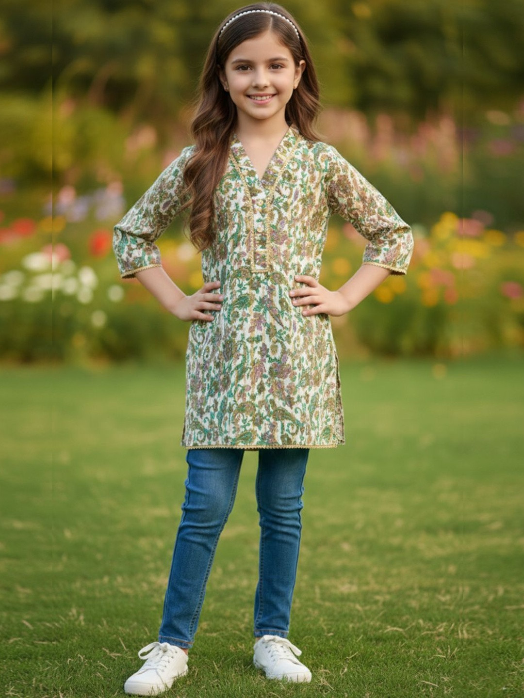 Cutiekins Floral Printed V-Neck Gotta Patti Pure Cotton Blend Gotta Patti Kurti