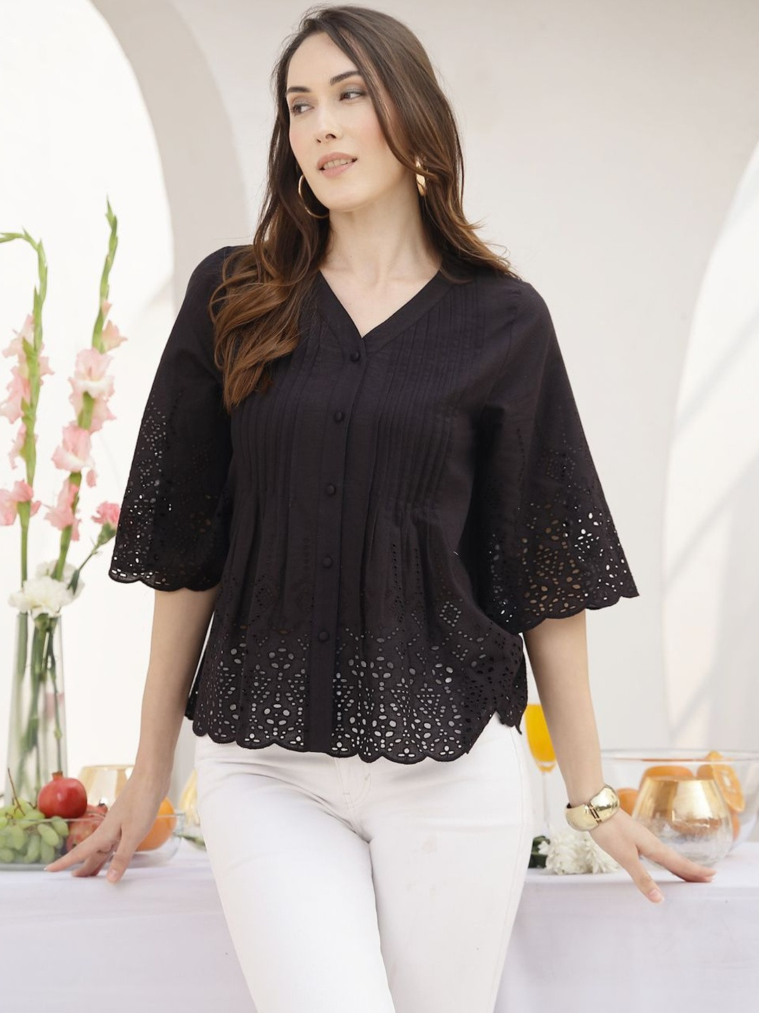 Peppinos Women Black Ribbed Cotton Flared Sleeve Top with Schiffli Hem