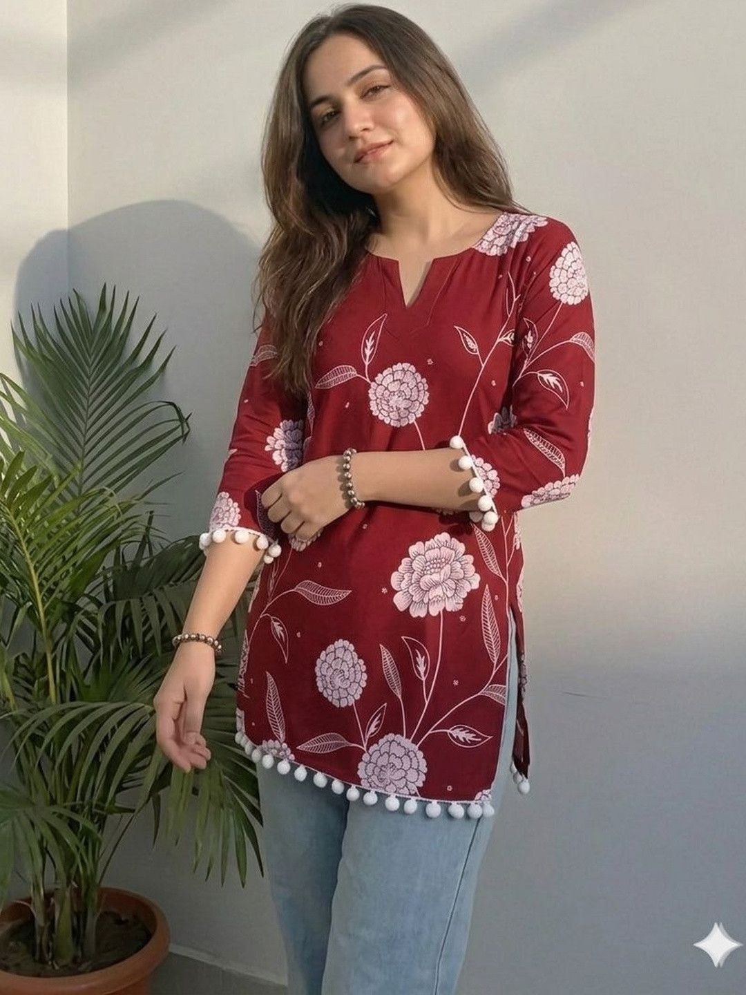 SAICHA Floral Printed V-Neck Pure Cotton Blend Kurti